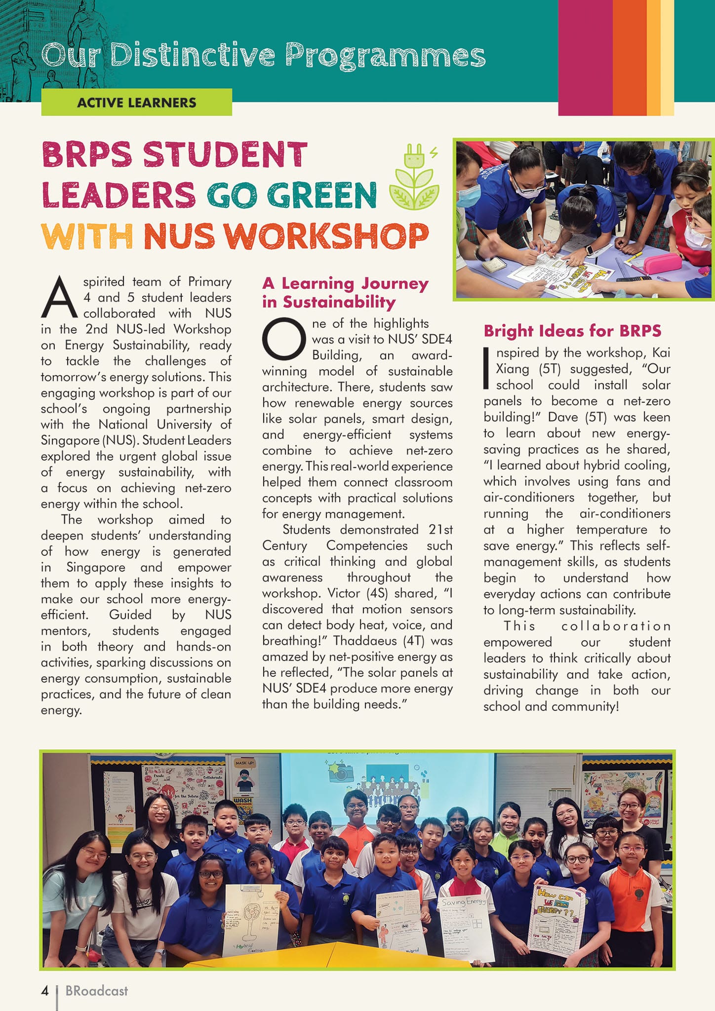 School newsletter page showing students holding sustainability posters, with headline "BRPS Student Leaders Go Green with NUS Workshop."