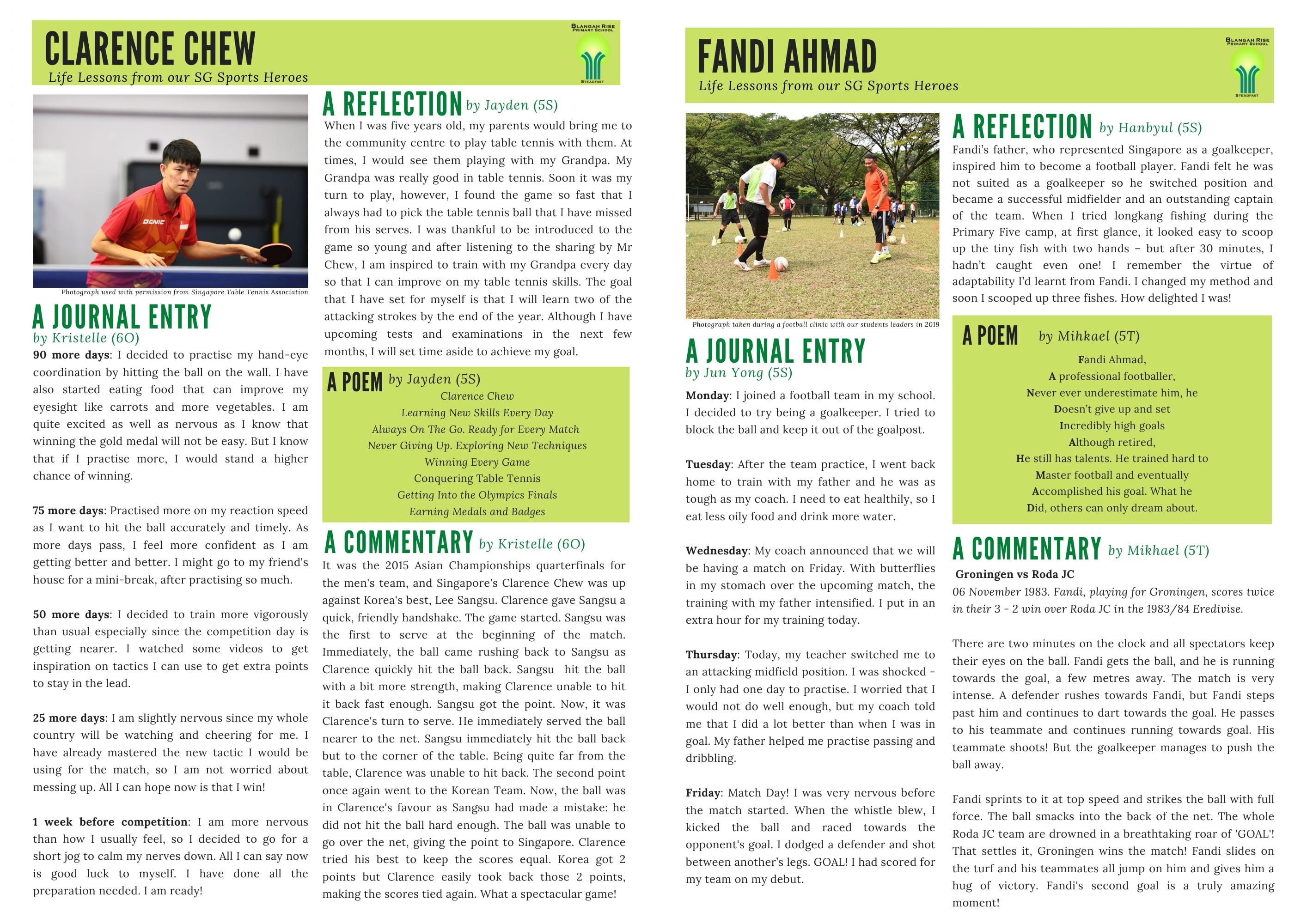 Two-page school newsletter featuring Clarence Chew and Fandi Ahmad with student journal entries, poems, and reflections.