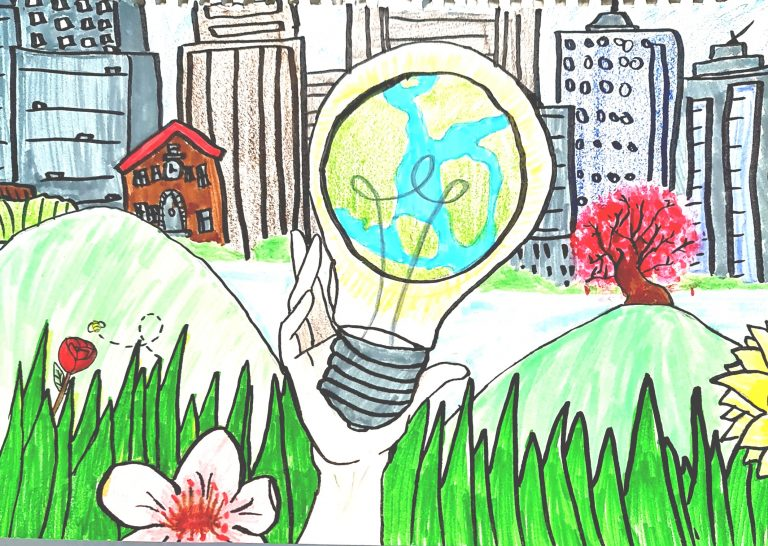 Hand-drawn scene of a hand holding a light bulb containing Earth, with a city skyline, green hills, and flowers.