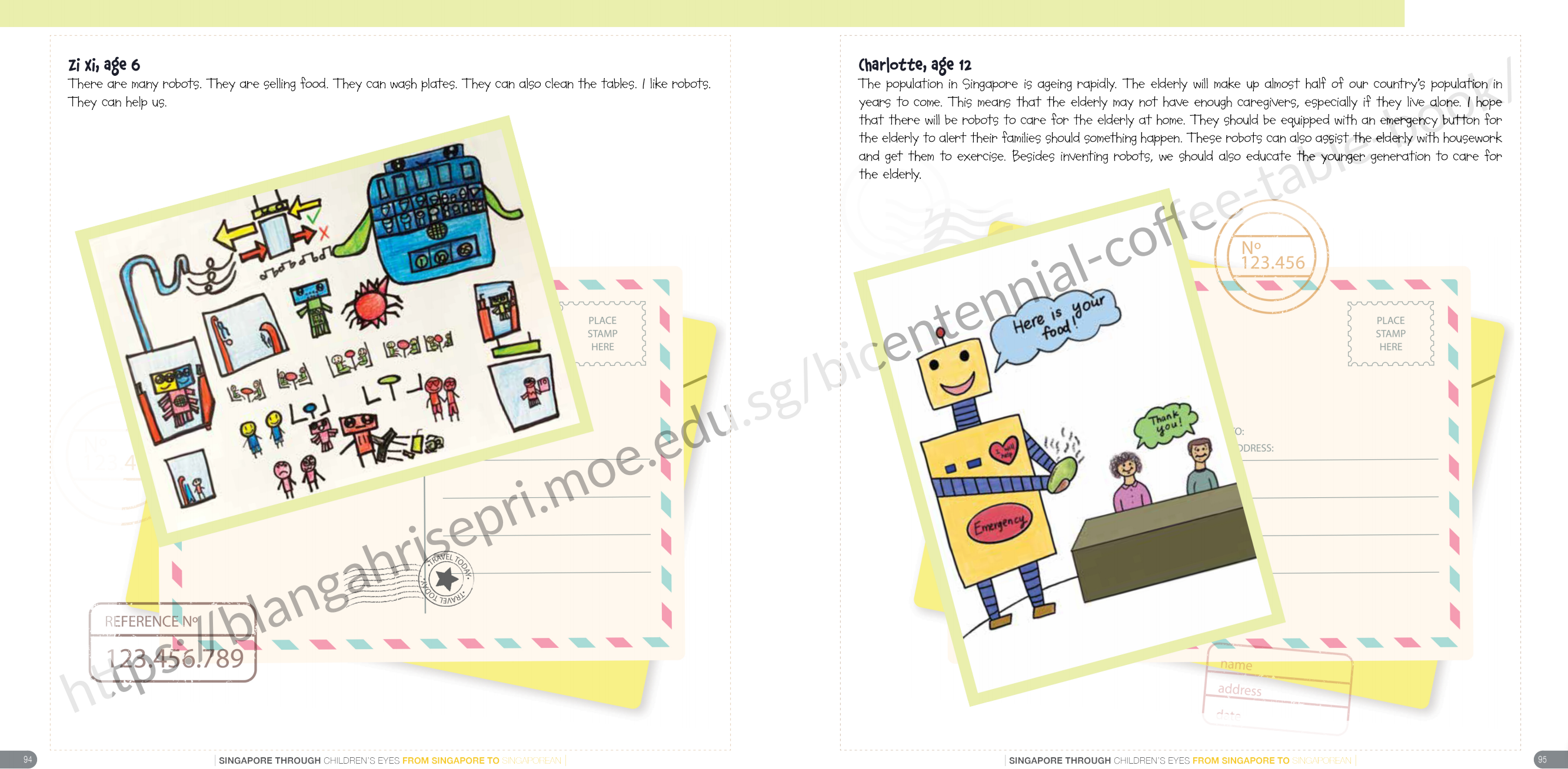 Two children's postcard drawings of robots helping people, with written descriptions by Zi Xi age 6 and Charlotte age 12.