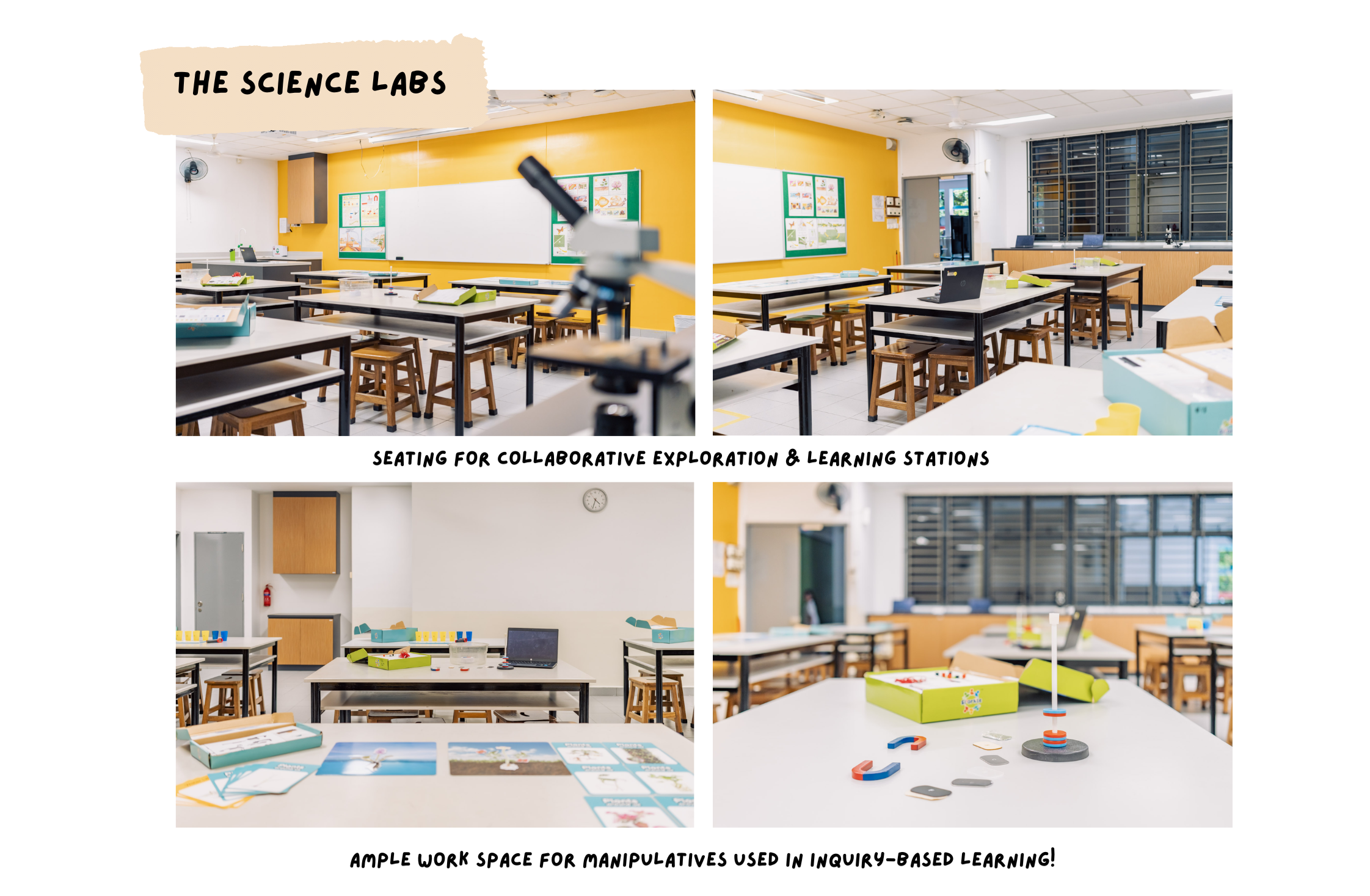 Four photos of school science labs with yellow walls, lab tables, stools, a microscope, and hands-on learning materials.