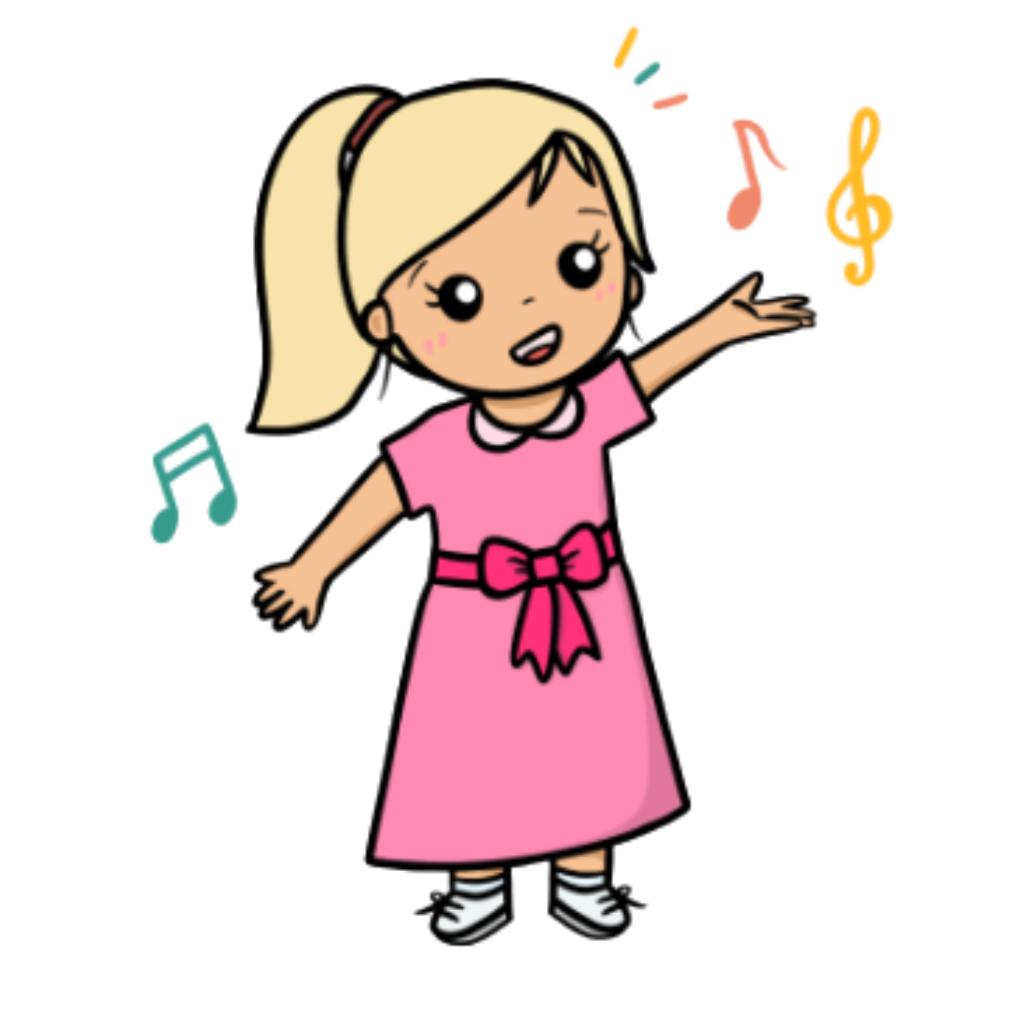 An illustration of a young girl singing, surrounded by colourful musical notes, representing the school's Choir group.