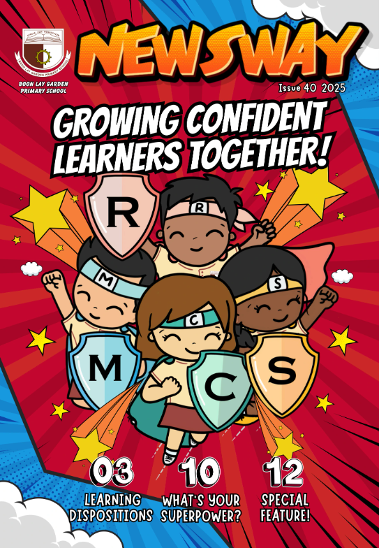 Cover of Newsway Issue 40, 2025, showing cartoon superhero children with shields labeled R, M, C, S on a red background.