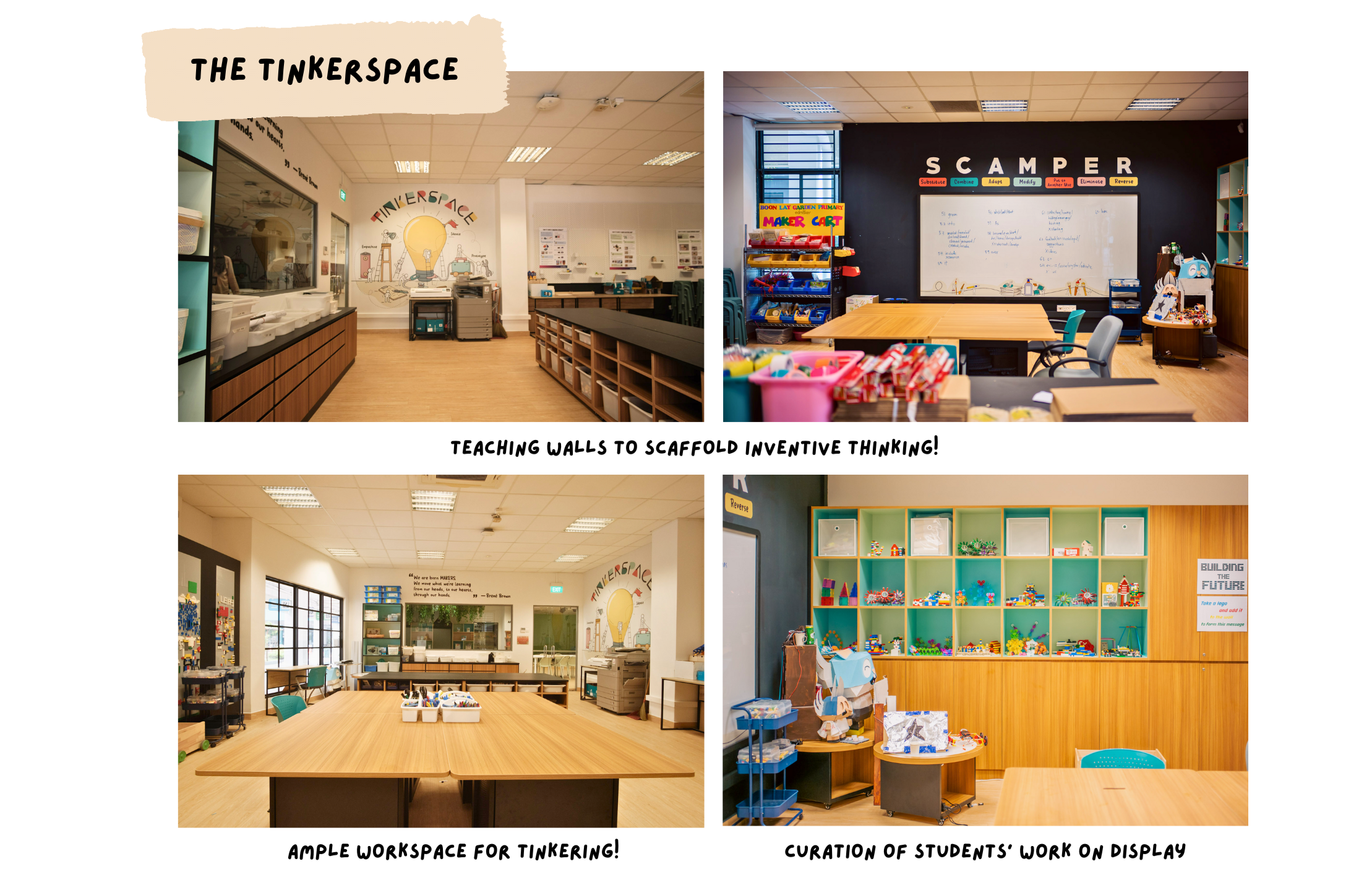 Four photos of a school Tinkerspace showing workbenches, teaching walls, a SCAMPER display, and student work on shelves.