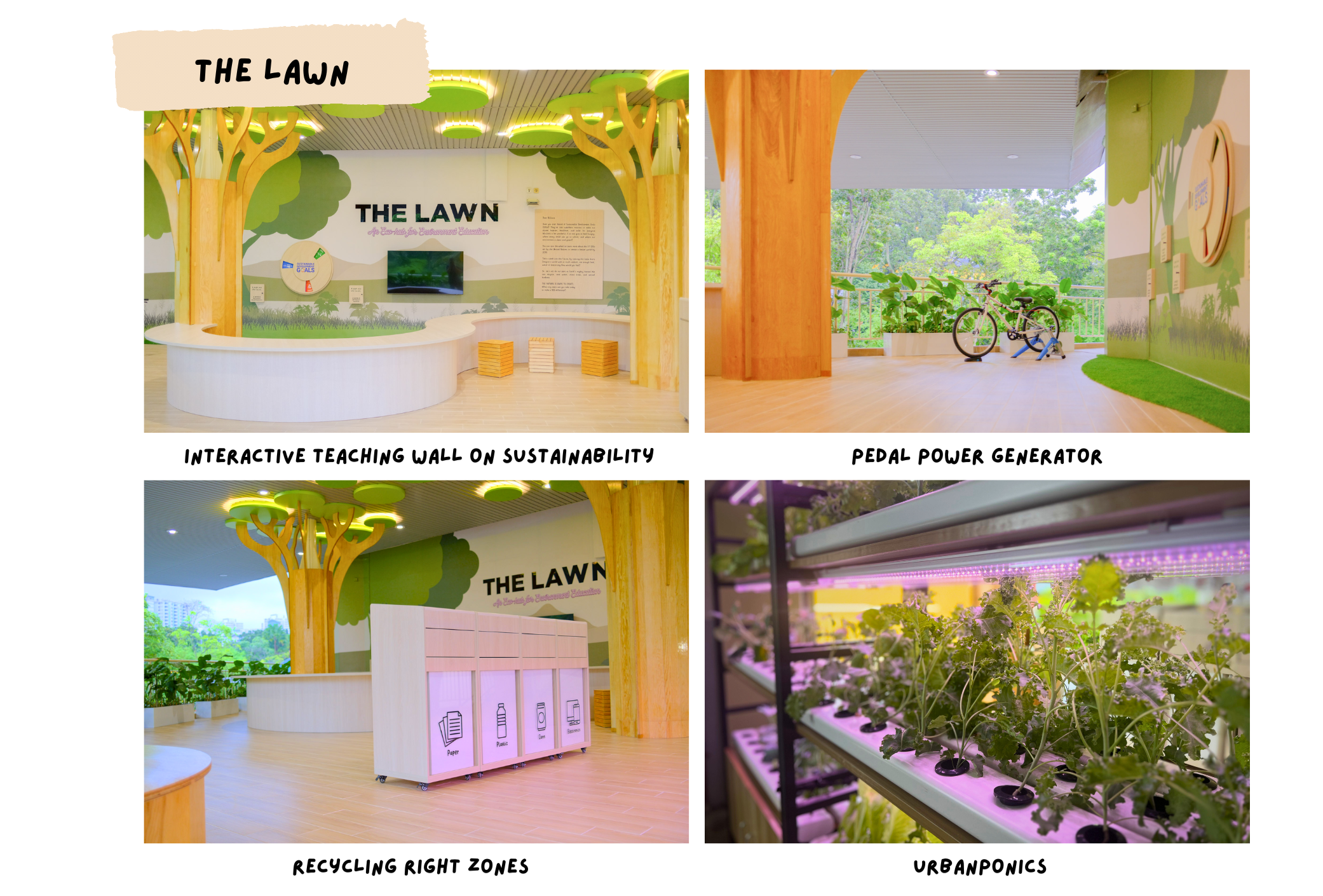 Four photos of The Lawn sustainability education center showing a teaching wall, pedal bike, recycling bins, and urban plant shelves.