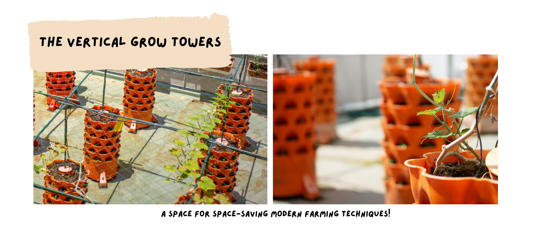 Two photos show stacked orange plastic vertical grow towers with plants growing from them outdoors and indoors.