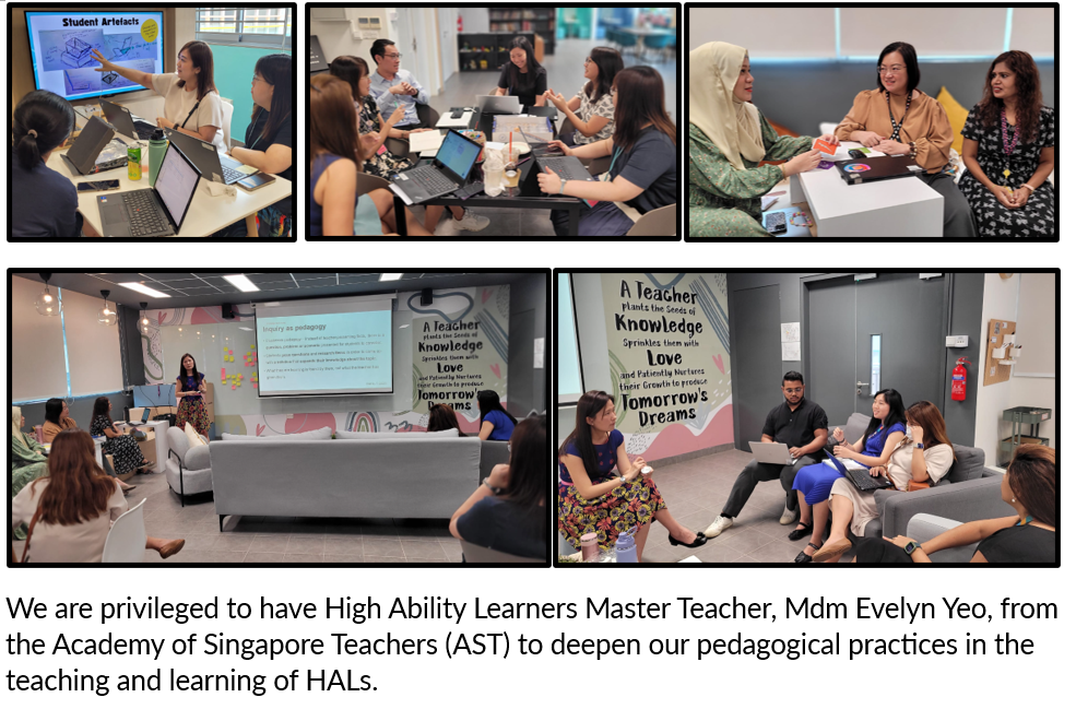 Five photos of teachers in workshops, discussing and presenting with laptops and a projector in a modern room.