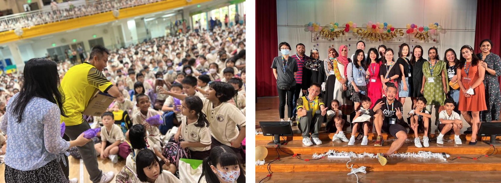 Two scenes: adults distributing items to seated children in a hall, and a group posing on stage under a Happy Children's Day banner.