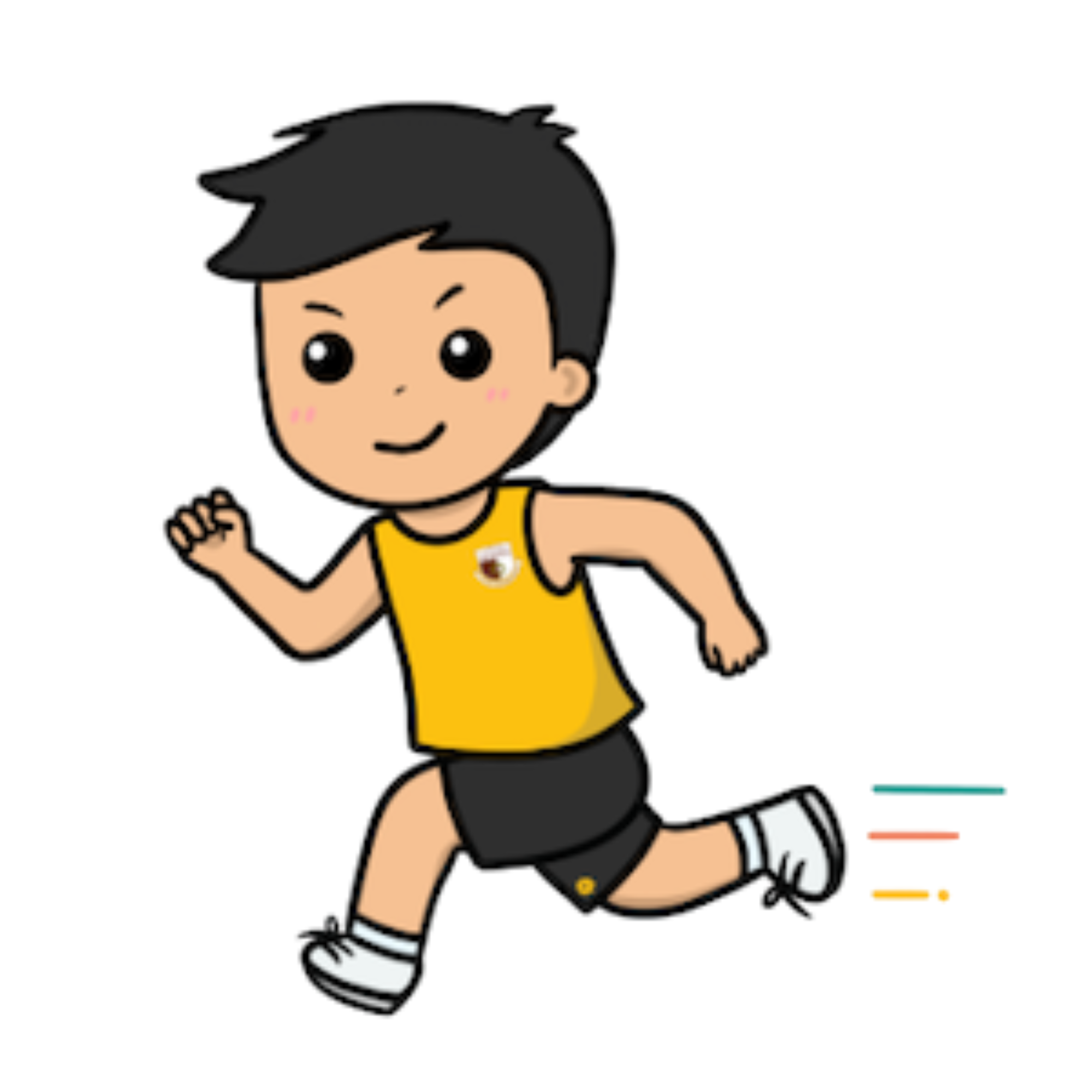 An illustration of a young boy in a yellow vest and black shorts, running at full speed, representing the school's Track and Field group.