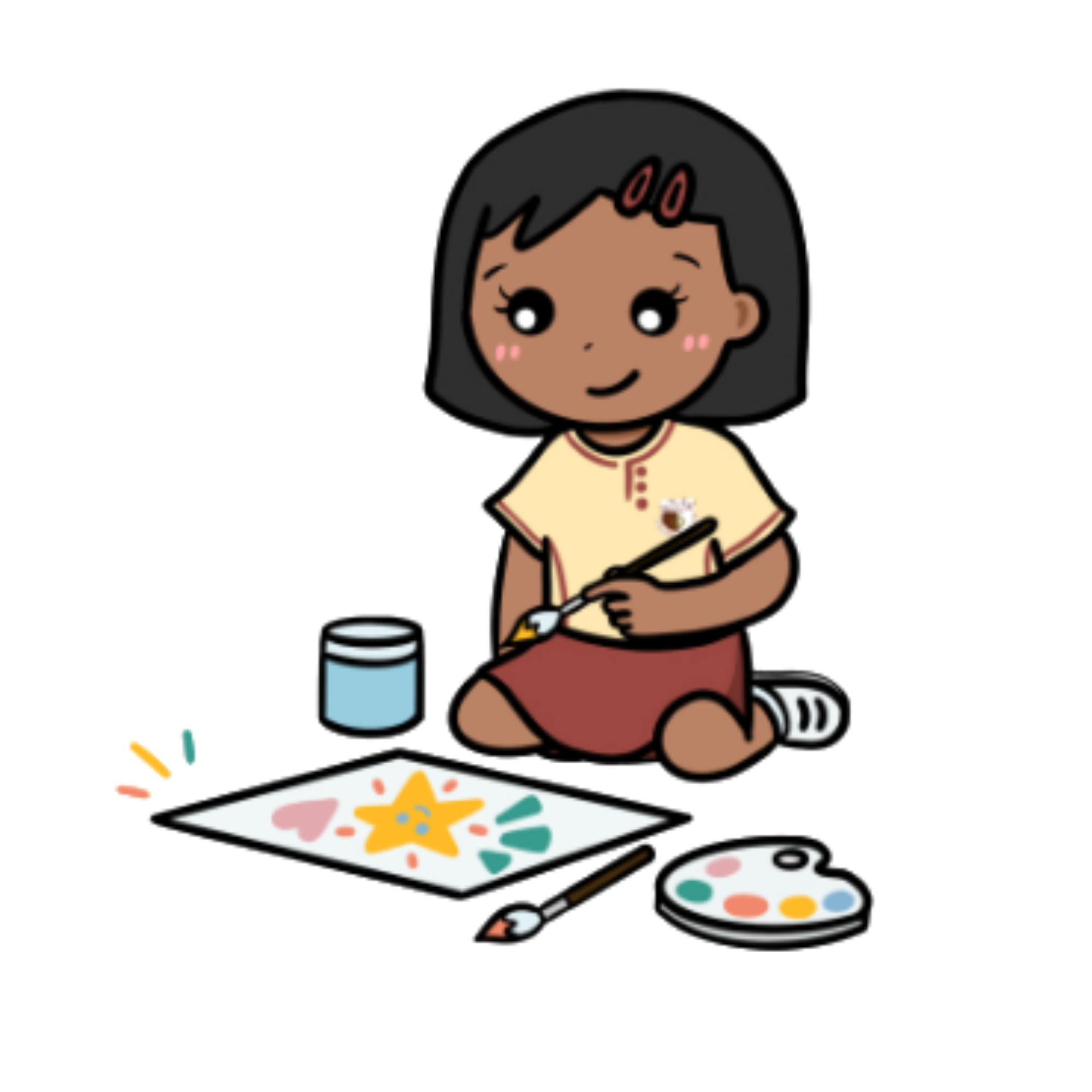 An illustration of a young girl sitting on the floor, painting a colourful artwork with a paintbrush, surrounded by a palette, paint cup, and pencil, representing the school's Art Club group.