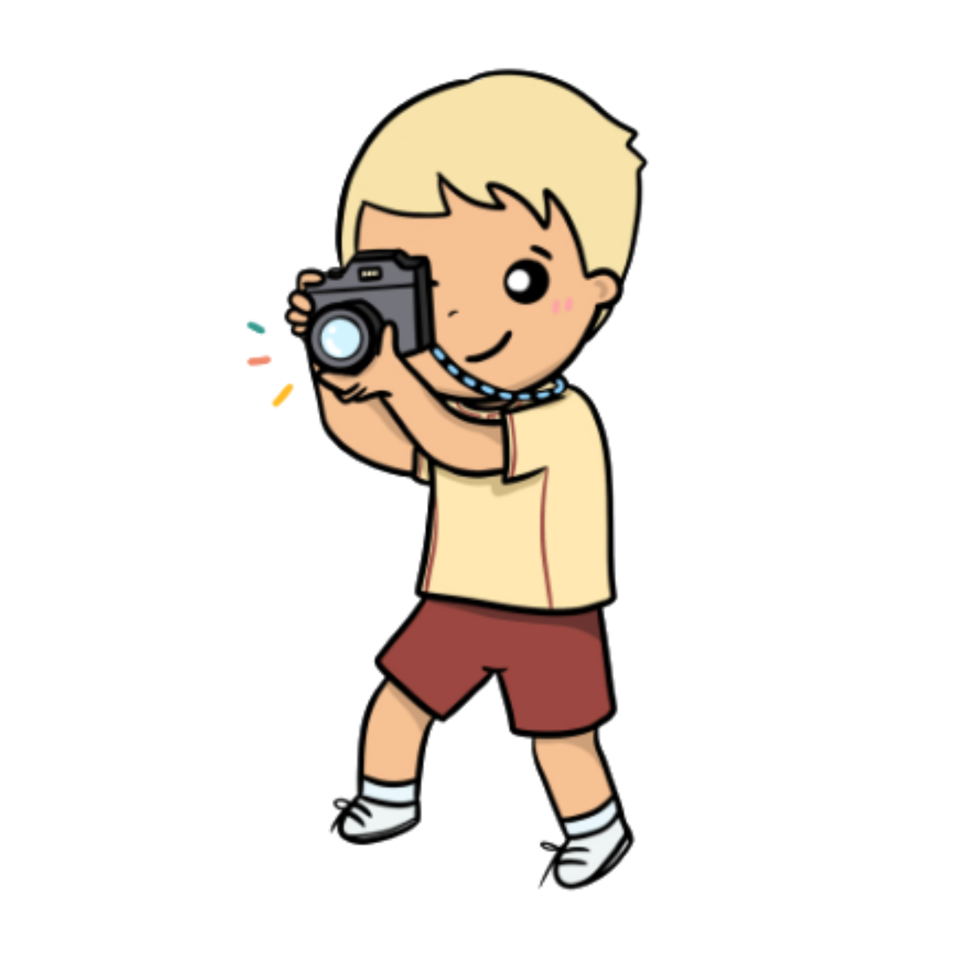An illustration of a young boy holding up a camera to his eye, capturing a photograph, representing the school's AV & Media Club group.