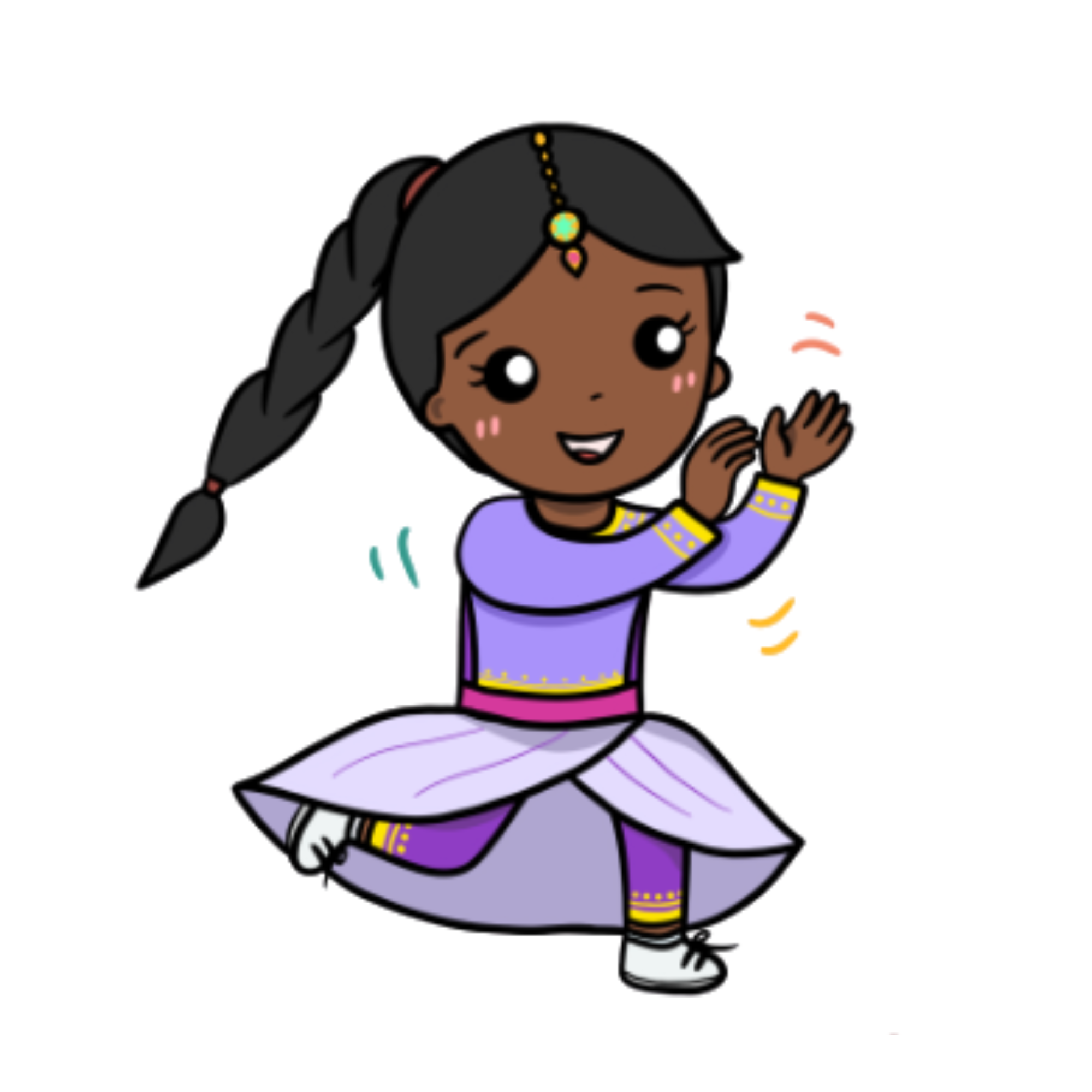 An illustration of a young girl in a purple traditional Indian costume, gracefully dancing with her hands raised in a classical dance pose, representing the school's Indian Dance group.