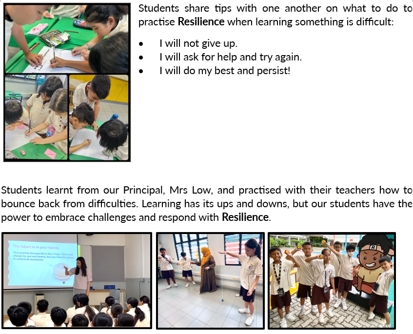 Students in uniforms writing at tables, attending a presentation, and posing outdoors, with text about resilience.