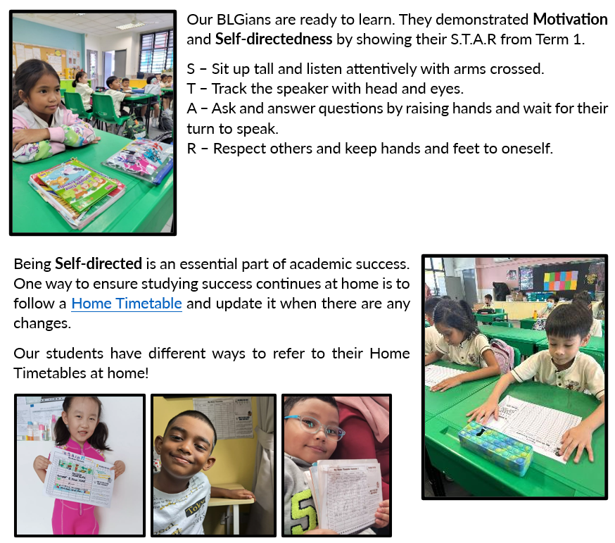 Young students in a classroom holding timetables, with text about motivation, self-directedness, and S.T.A.R behavior rules.