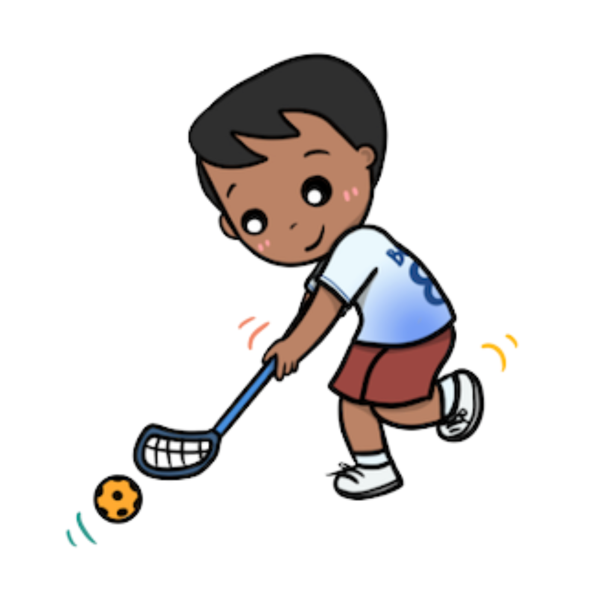 An illustration of a young boy in a white and blue sports jersey and red shorts, dribbling a ball with a floorball stick, representing the school's Floorball group.