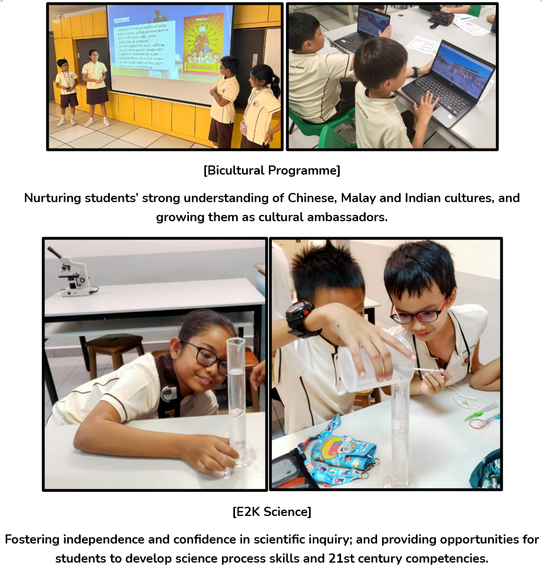 Four photos show students in a Bicultural Programme presentation and E2K Science experiments with lab equipment.