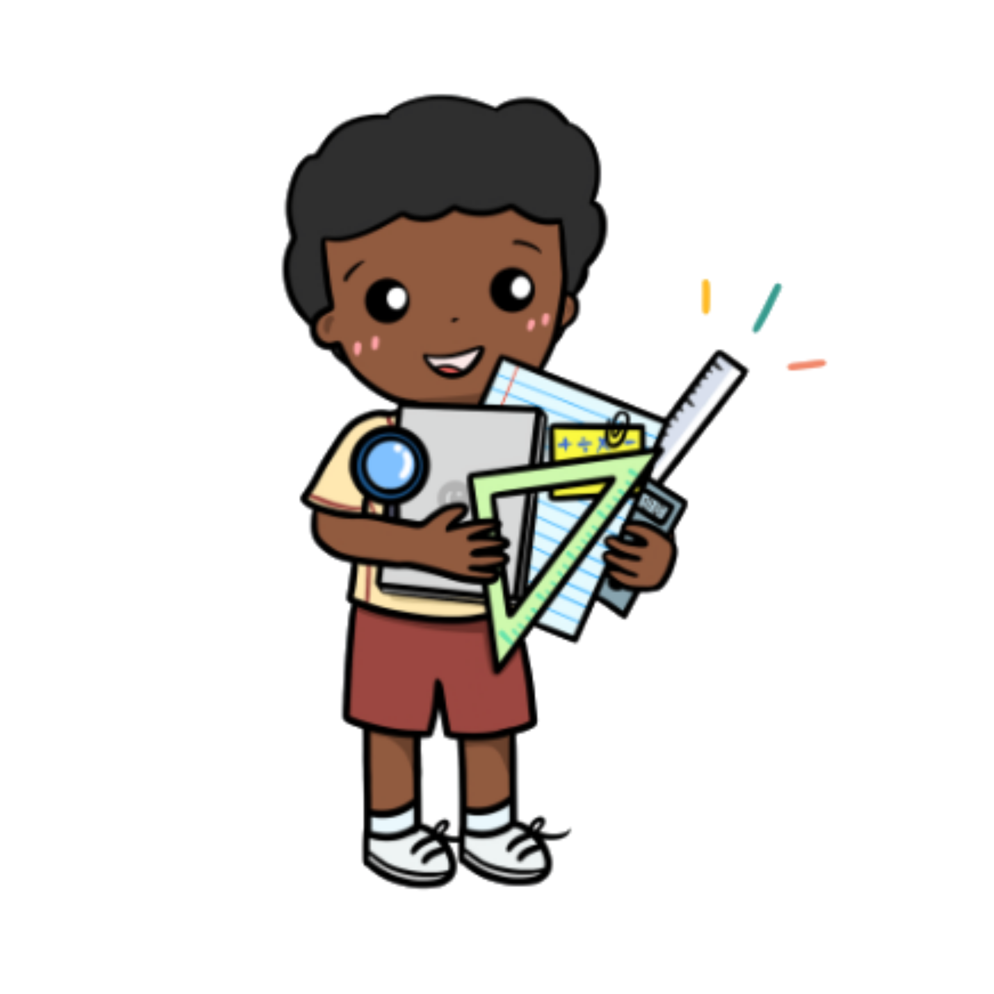 An illustration of a young boy holding a collection of STEM tools including a magnifying glass, ruler, set square, and calculator, representing the school's STEM Club group.
