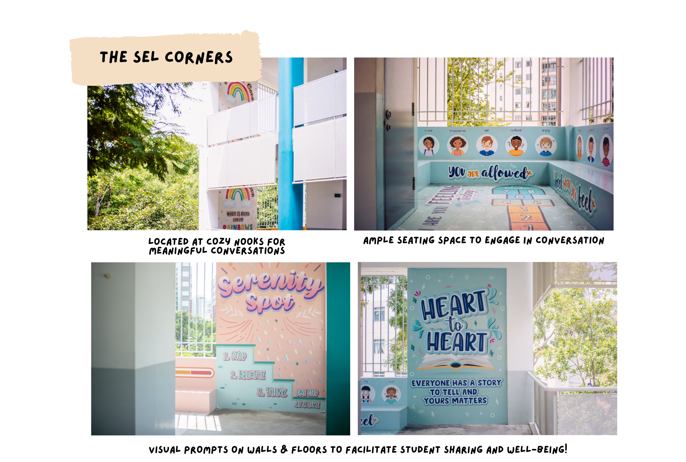 Four photos of school SEL corners with colorful murals featuring feelings, "Serenity Spot," and "Heart to Heart" messages.