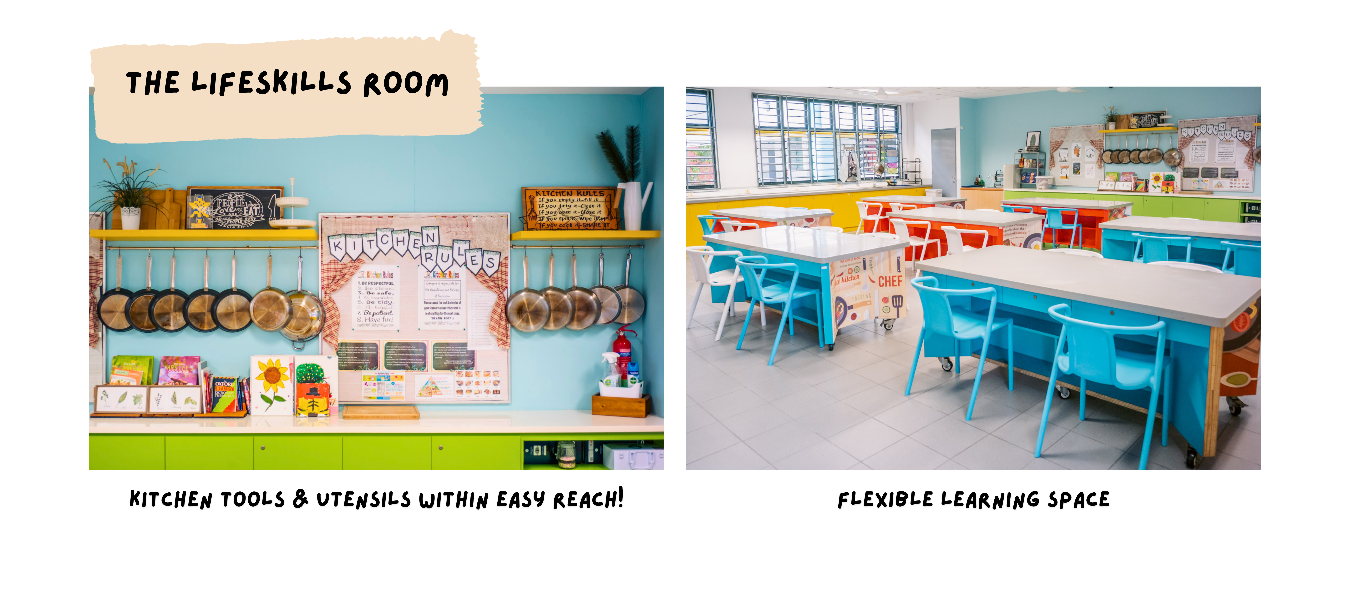 Two photos of a colorful lifeskills room showing hanging pans on a shelf and bright blue chairs at tables.