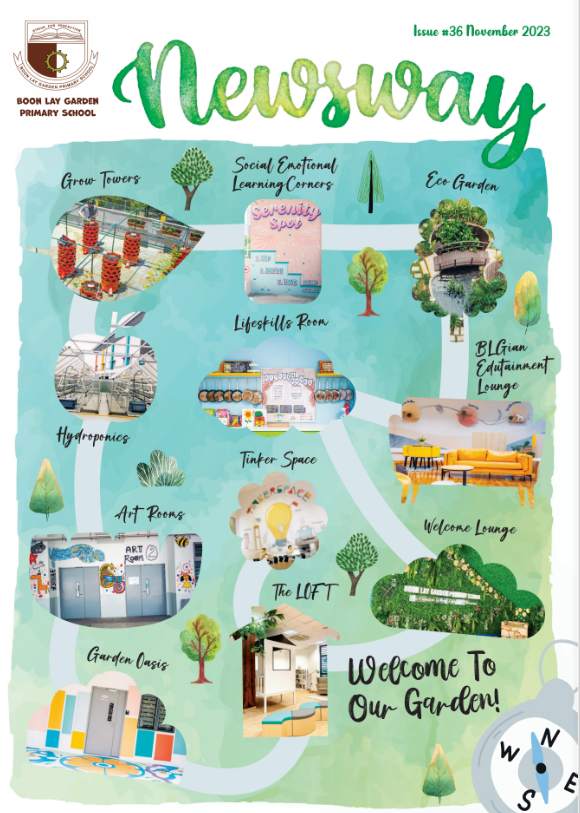 Newsway school newsletter cover, Issue 36 November 2023, featuring a illustrated map of Boon Lay Garden Primary School.