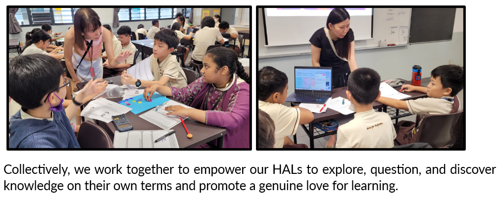Two classroom scenes showing a teacher helping small groups of students working at desks with papers and a laptop.