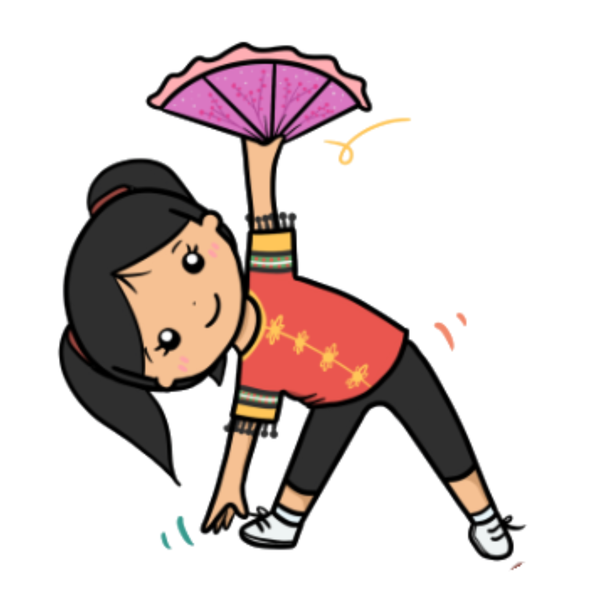 An illustration of a young girl in a red traditional costume, holding a pink fan above her head while performing a dance move, representing the school's Chinese Dance group.