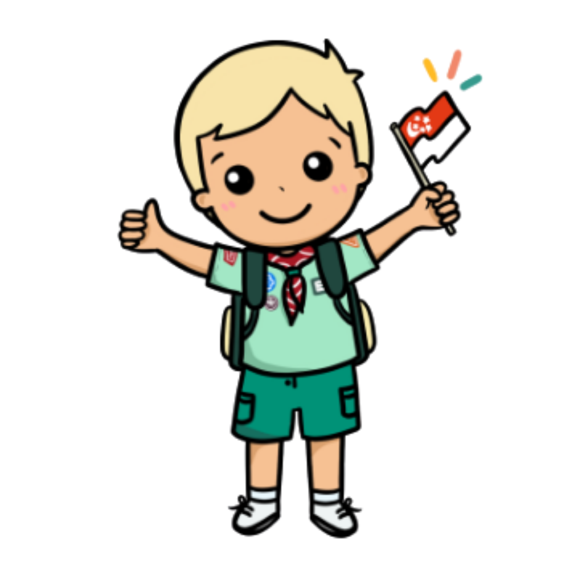 An illustration of a young boy in a green Scouts uniform with a red neckerchief and backpack, cheerfully waving a Singapore flag, representing the school's Scouts group.