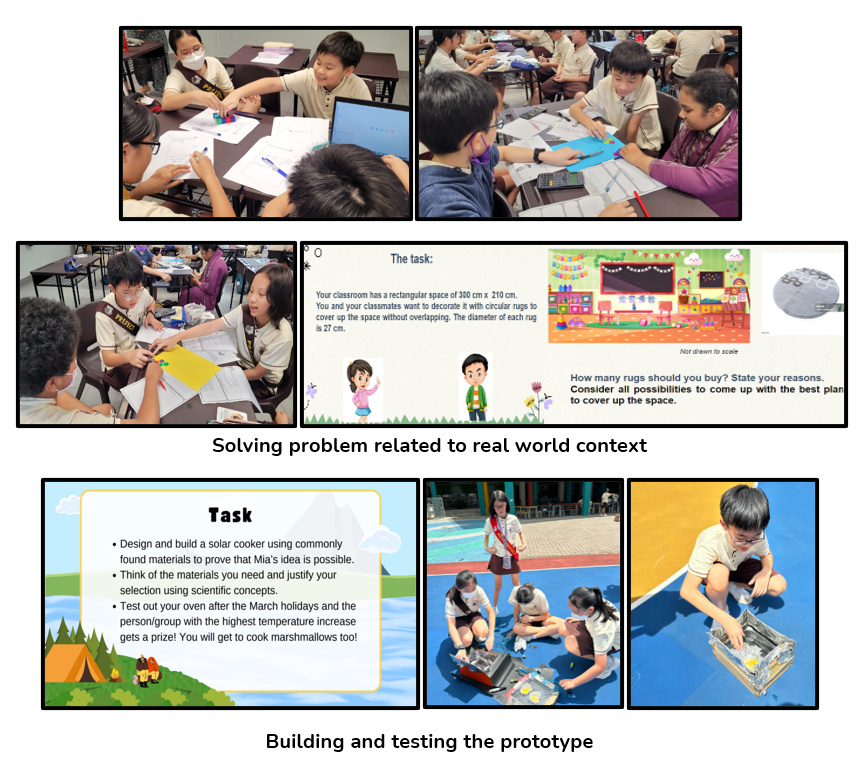 Students collaborate on real-world math tasks and build solar cooker prototypes in classroom and outdoor settings.