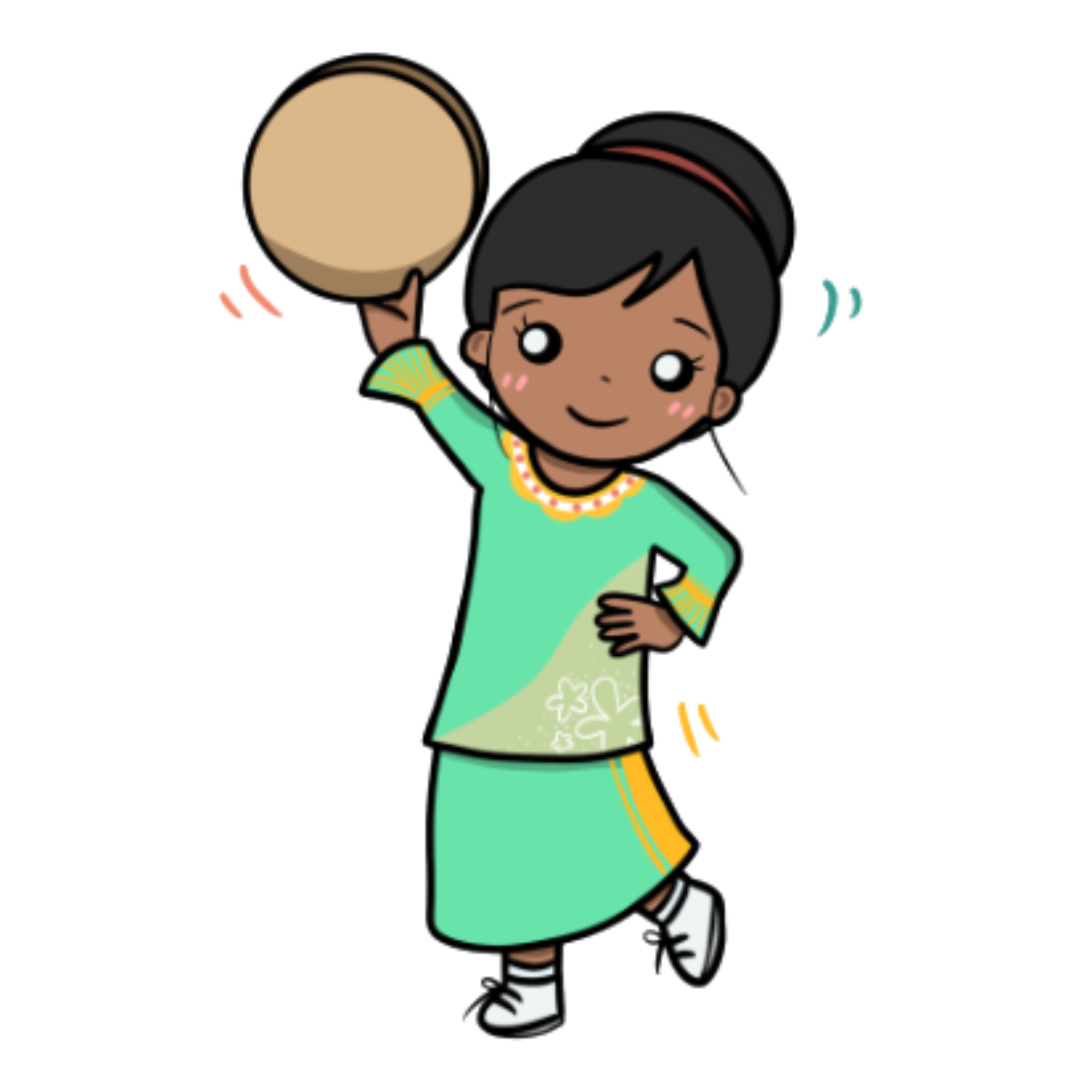 An illustration of a young girl in a green traditional Malay costume, holding a tambourine above her head while performing a dance move, representing the school's Malay Dance group.
