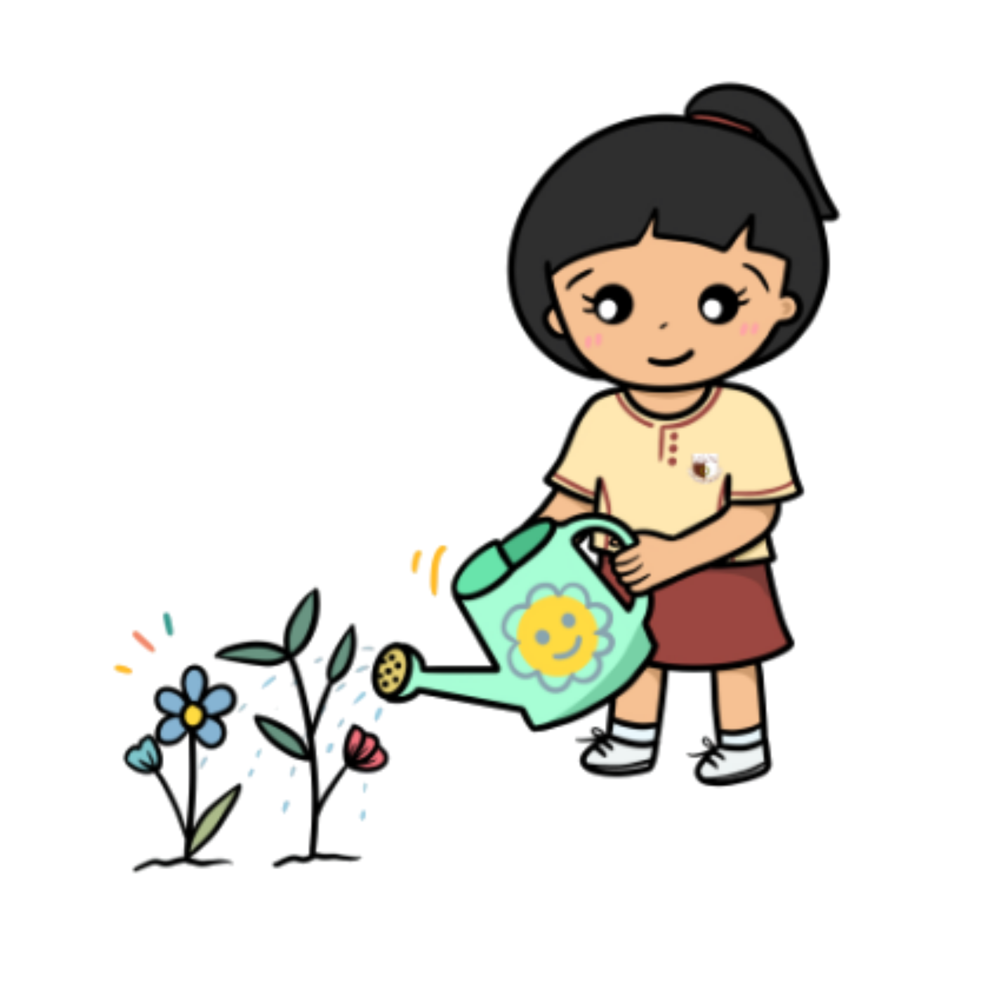 An illustration of a young girl watering two small flowering plants with a turquoise watering can decorated with a sunflower, representing the school's Environmental Club group.