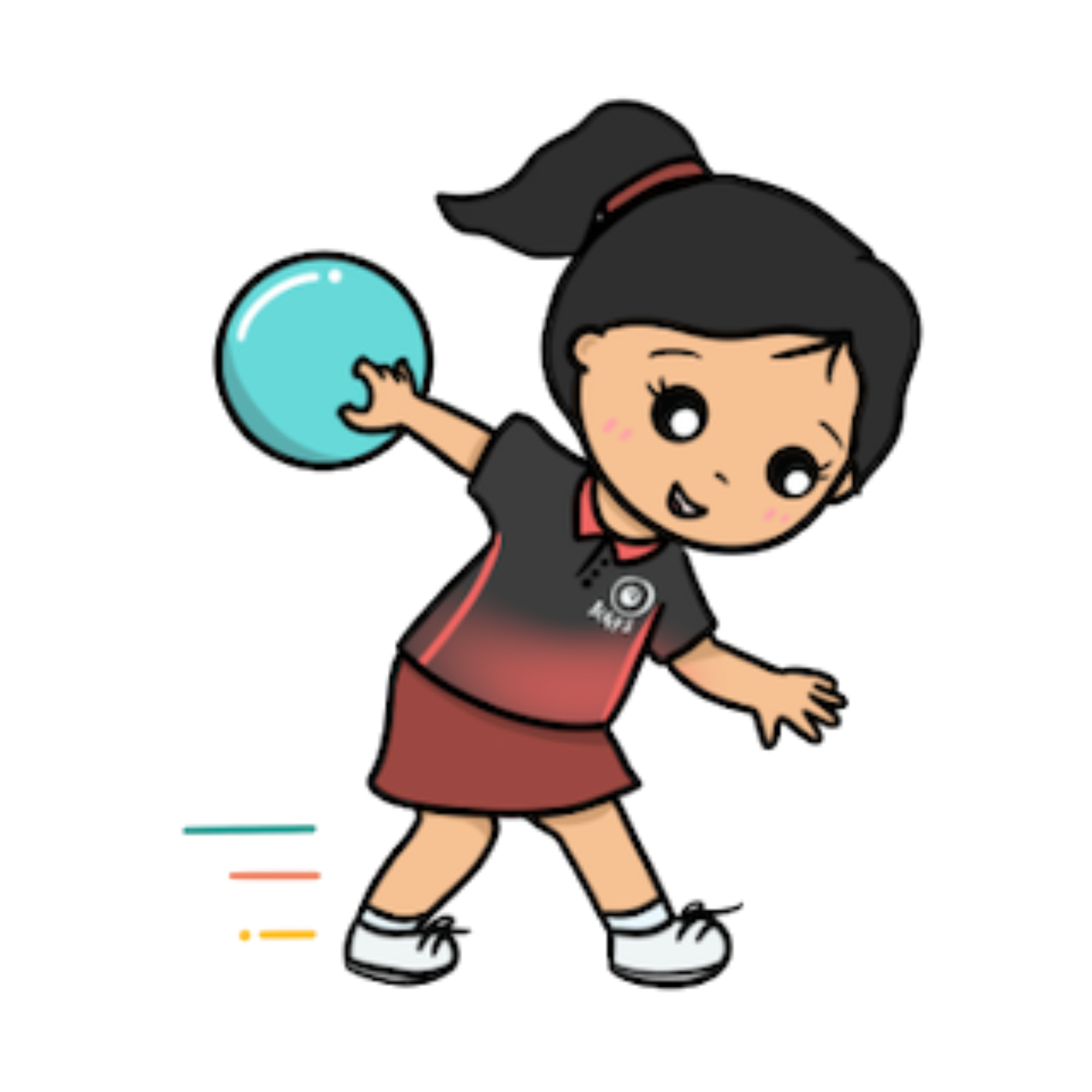 An illustration of a young girl in a black and red sports uniform, poised to bowl with a turquoise bowling ball in hand, representing the school's Bowling group.