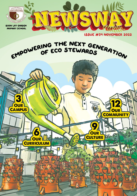Boon Lay Garden Primary School Newsway newsletter cover, Issue 34, November 2022, showing a cartoon boy watering plants.
