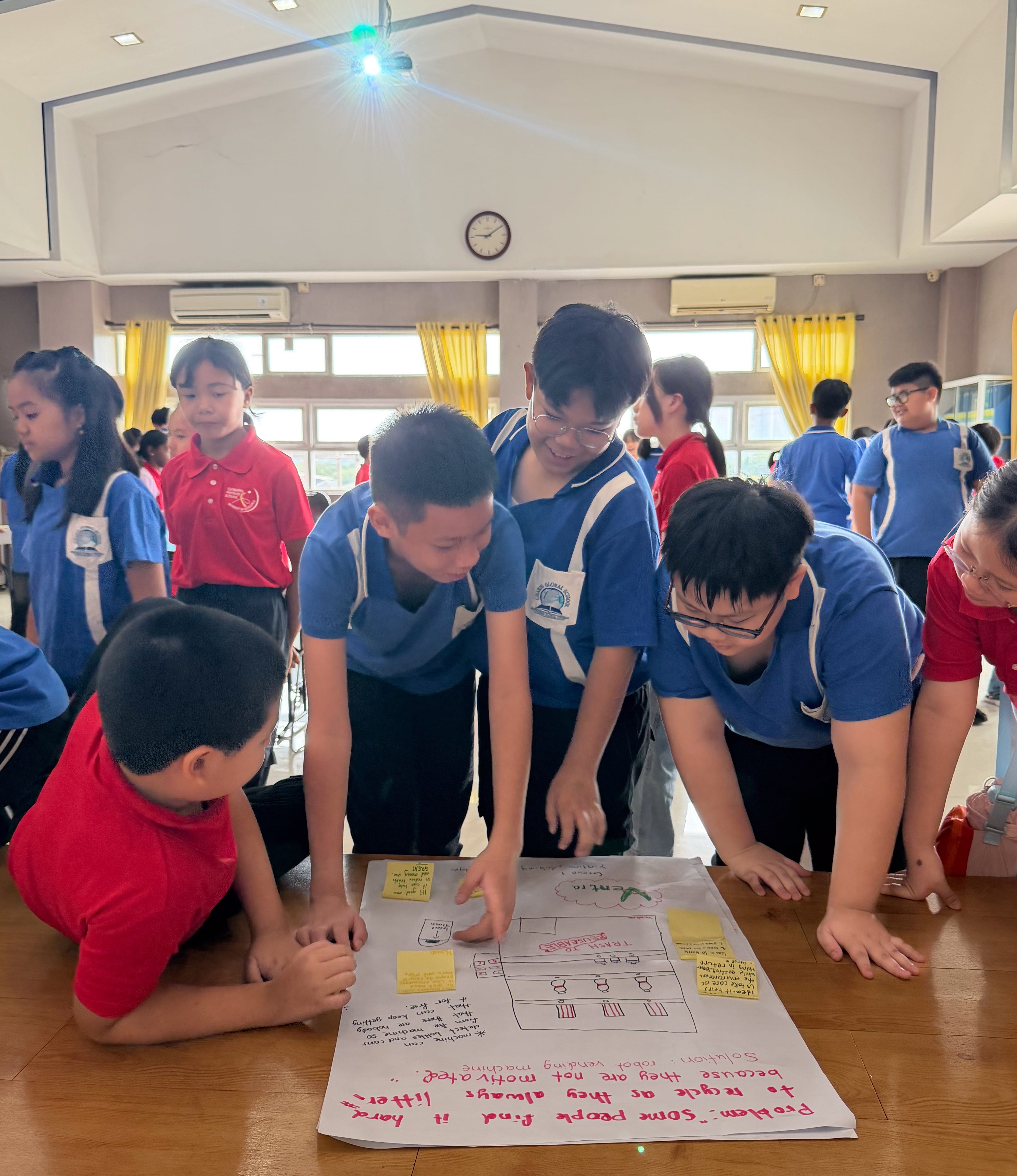 Canberra Primary School and Charis Global School students collaborating on ideas during a Design Thinking session.