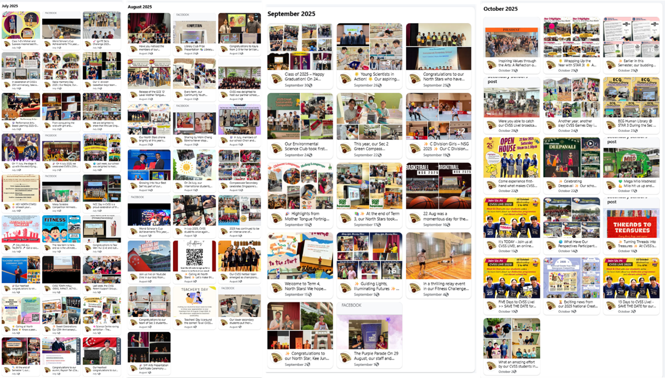 A school social media feed grid showing posts from July through October 2025 with photos of student events and activities.