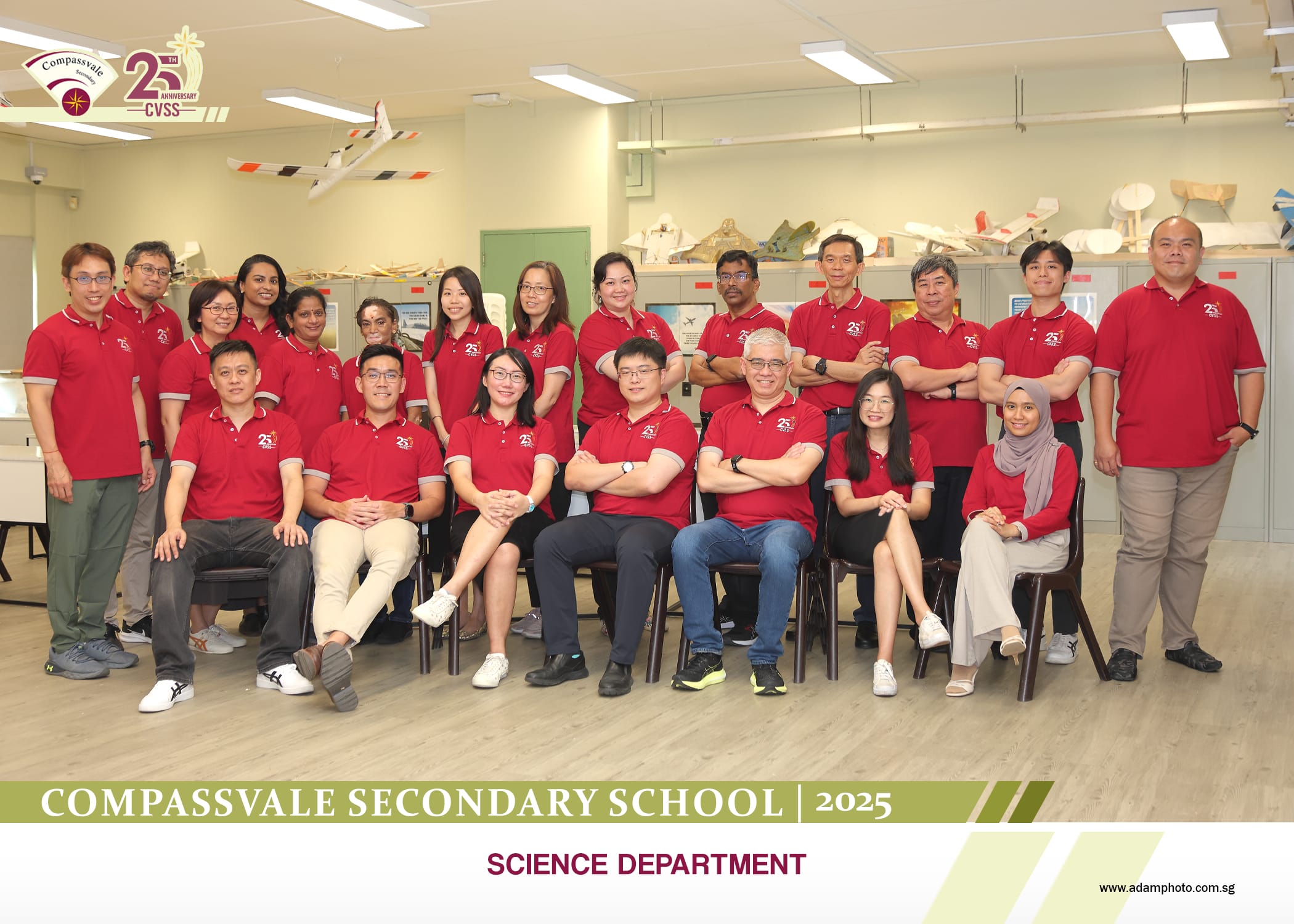 Group photo of Compassvale Secondary School Science Department staff in red polo shirts, 2025.