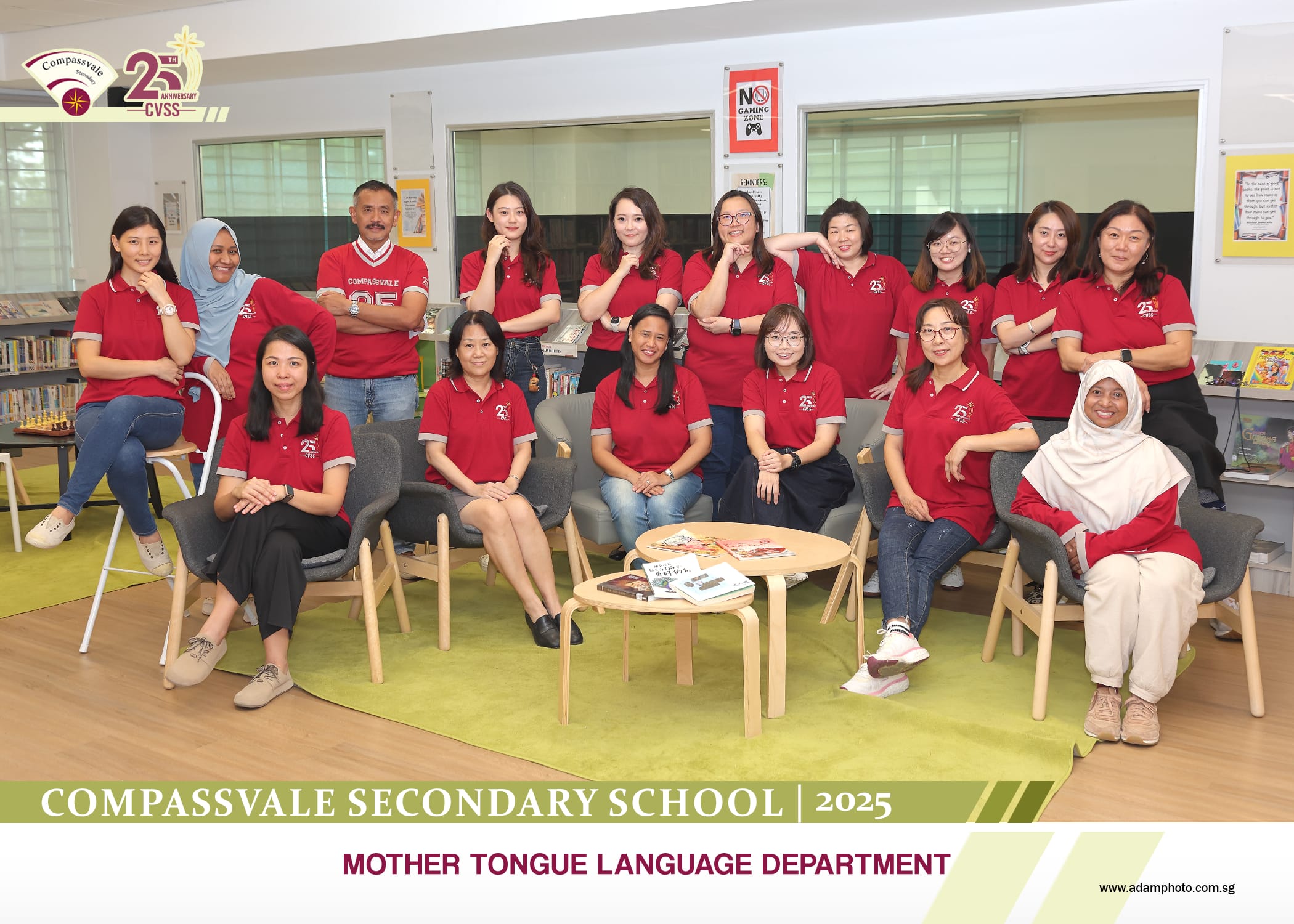 Group photo of Compassvale Secondary School's 2025 Mother Tongue Language Department staff in red polo shirts.