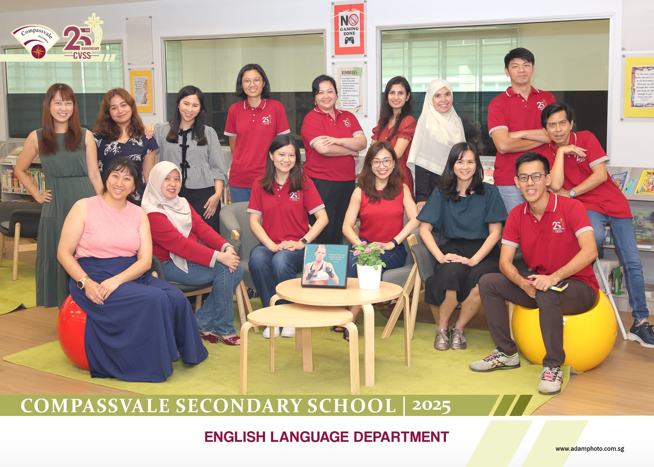Group photo of Compassvale Secondary School 2025 English Language Department staff posing in a library.