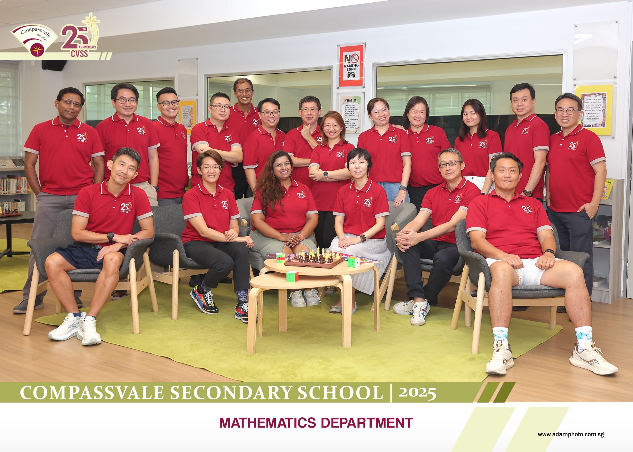 Group photo of Compassvale Secondary School 2025 Mathematics Department staff in matching red polo shirts.