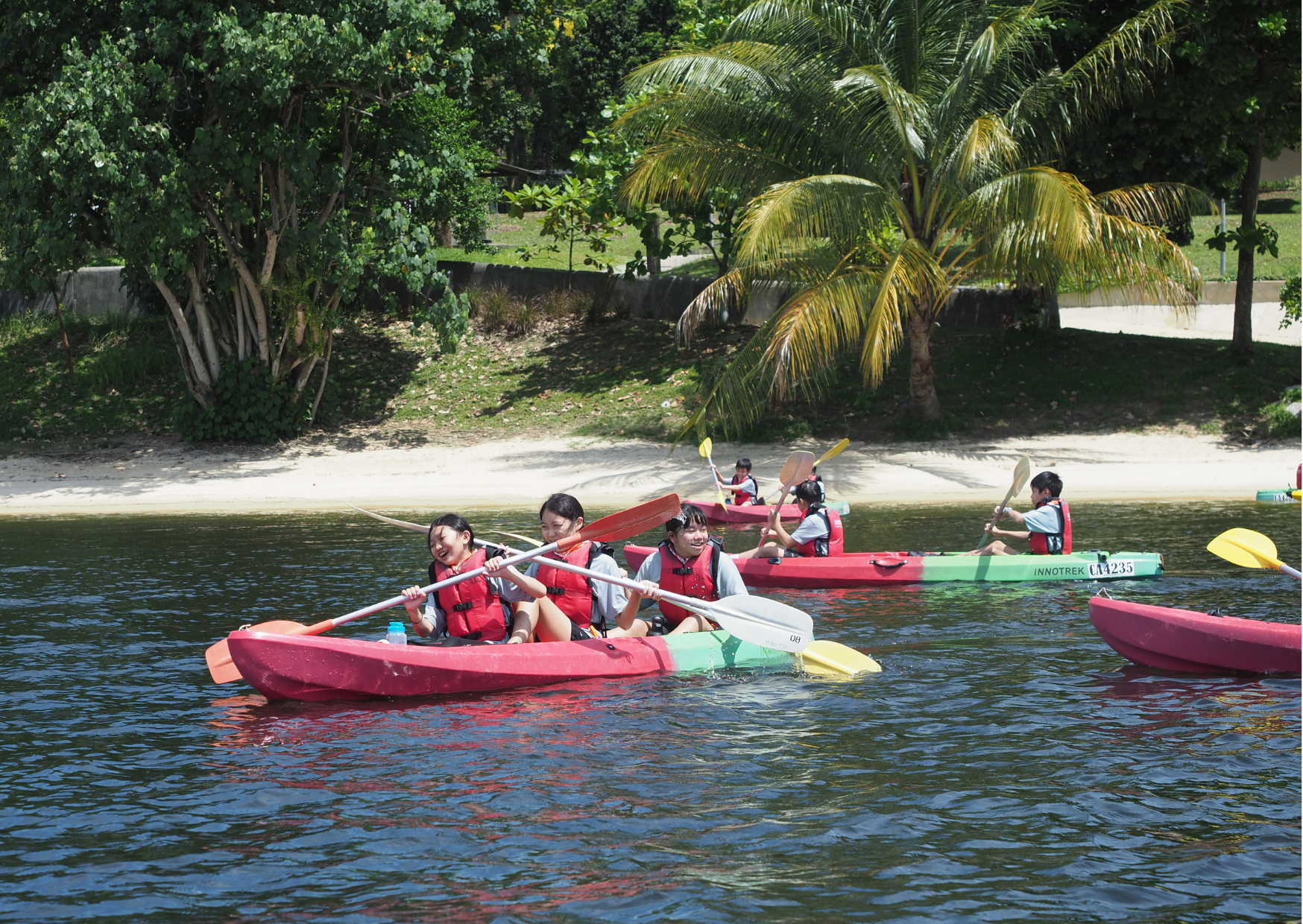 People in red life vests paddle kayaks on a calm river near a sandy bank and palm trees.