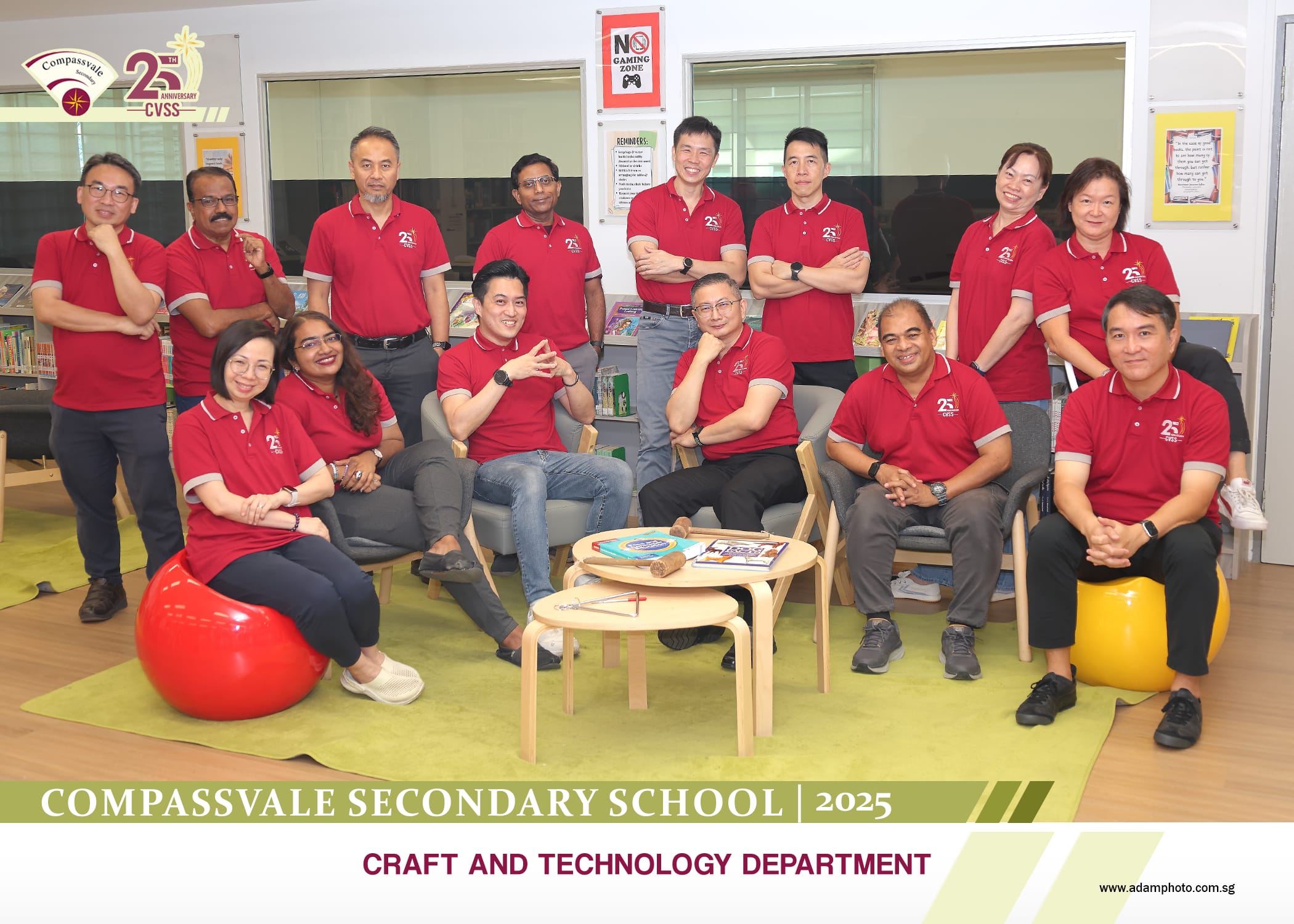 Group of 14 staff in red polo shirts posing indoors for Compassvale Secondary School Craft and Technology Department 2025.