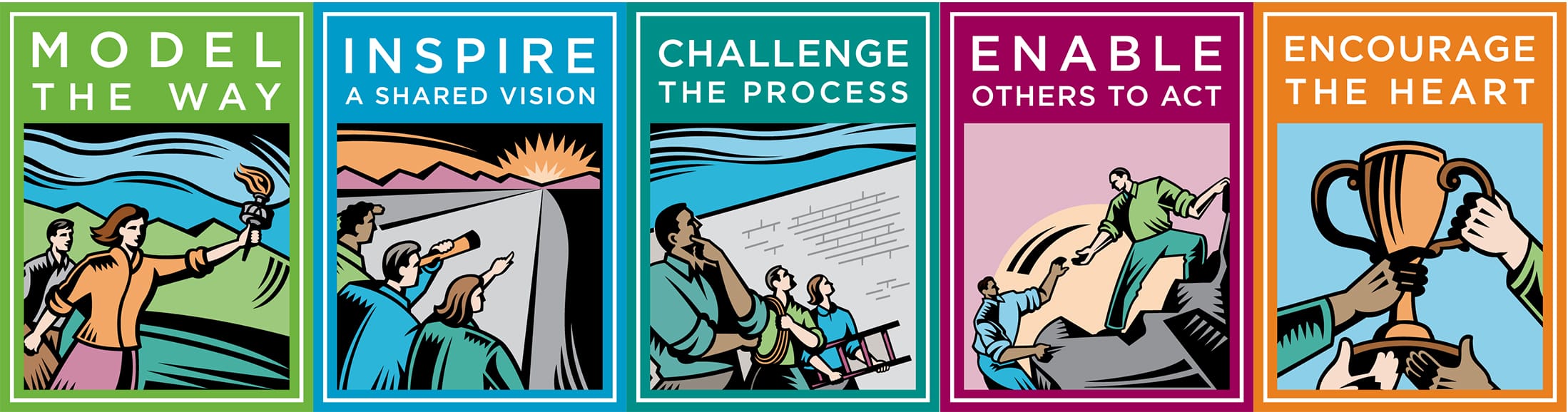 Five colorful leadership panels: Model the Way, Inspire a Shared Vision, Challenge the Process, Enable Others to Act, Encourage the Heart.