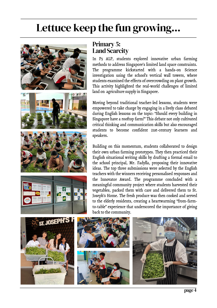 Newsletter page showing students doing urban farming activities, harvesting vegetables, and a cook preparing greens in a kitchen.