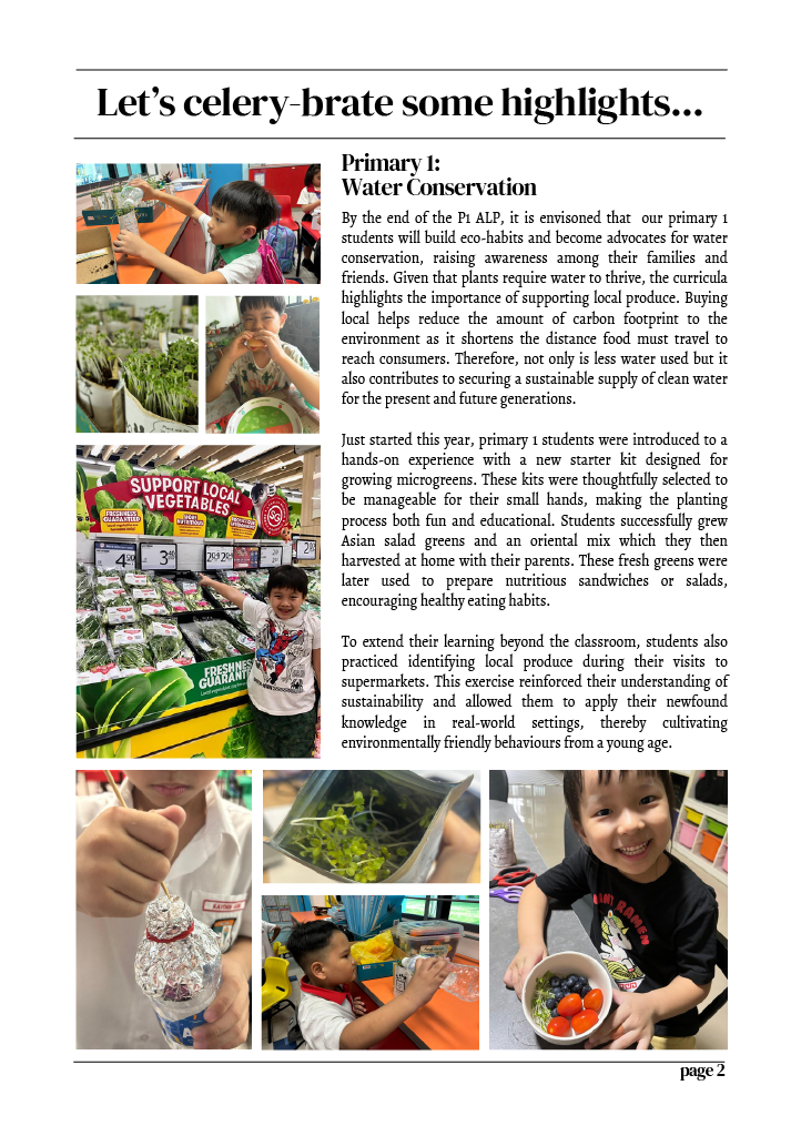 Newsletter page titled "Let's celery-brate some highlights" showing Primary 1 students growing plants and visiting a supermarket.