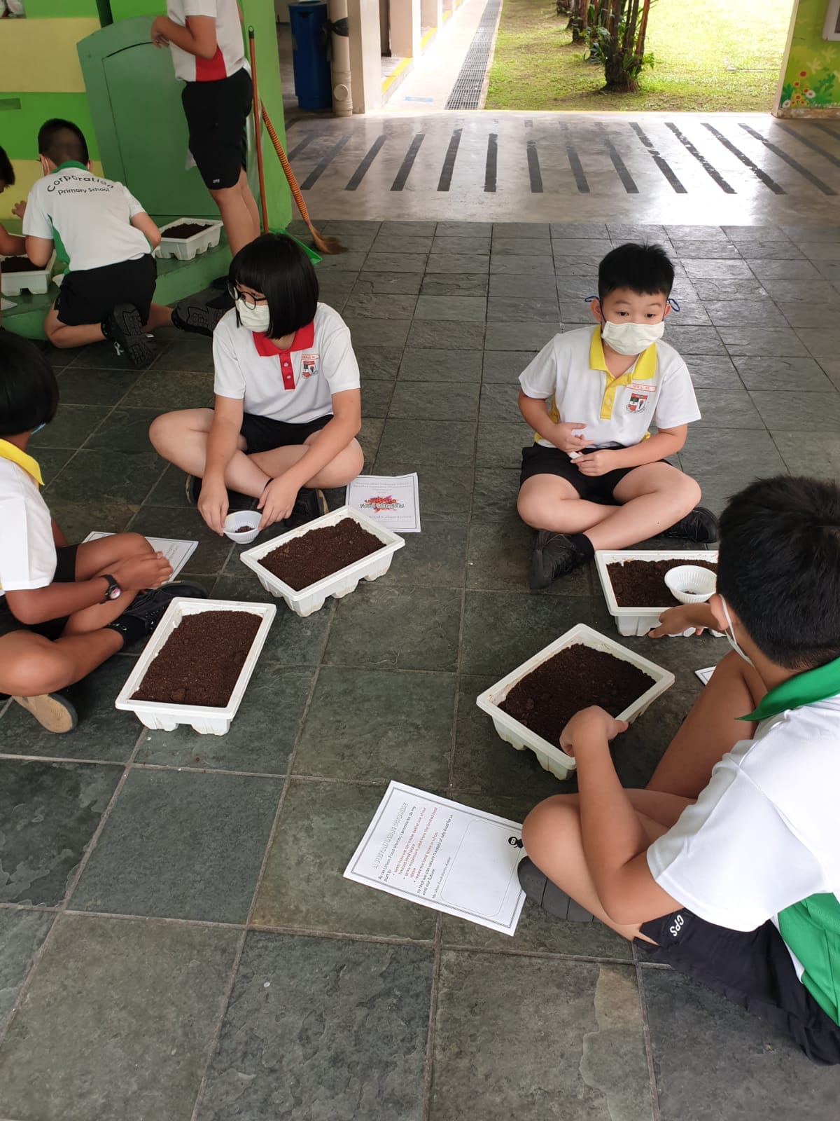Several masked primary school children sit cross-legged on a tiled floor, each with a tray of soil for a planting activity.
