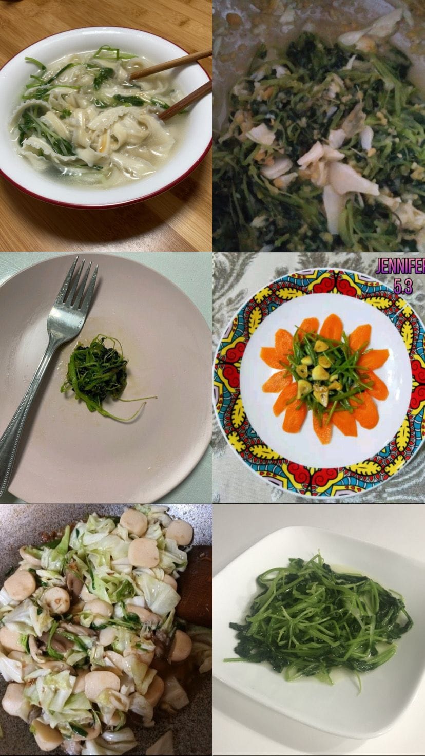 Six photos of Asian vegetable dishes including noodle soup, stir-fried greens, carrot salad, and sauteed leafy vegetables.