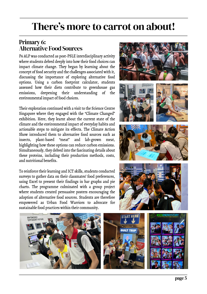 Newsletter page showing Primary 6 students at Science Centre Singapore exploring alternative food sources and climate exhibits.