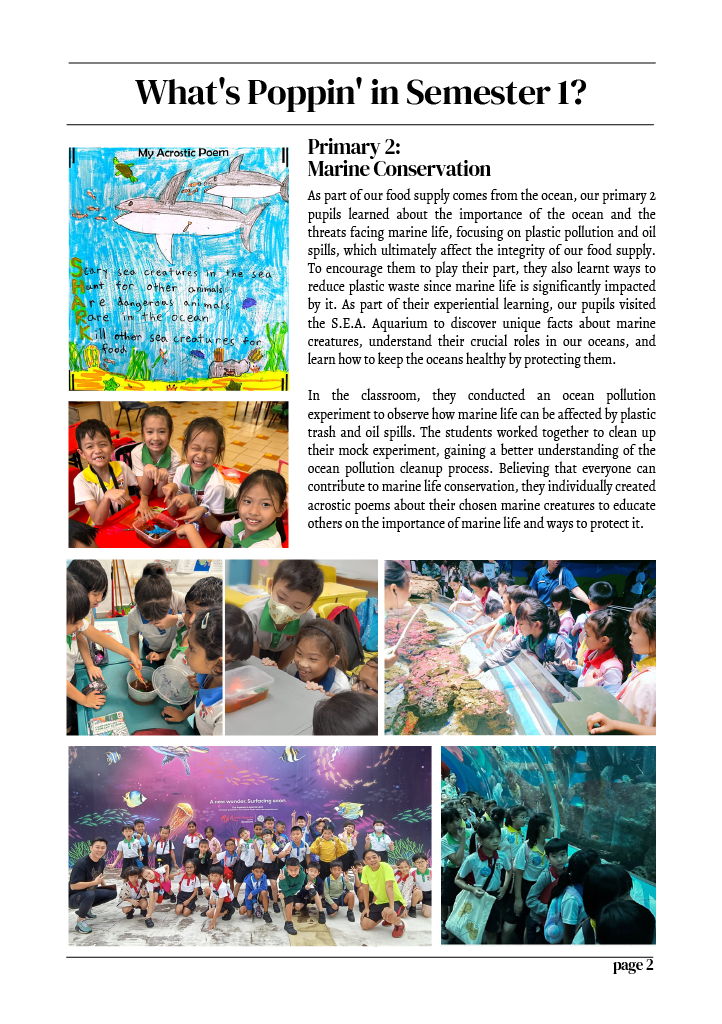 Newsletter page showing Primary 2 students learning about marine conservation, with classroom activities and an aquarium field trip.