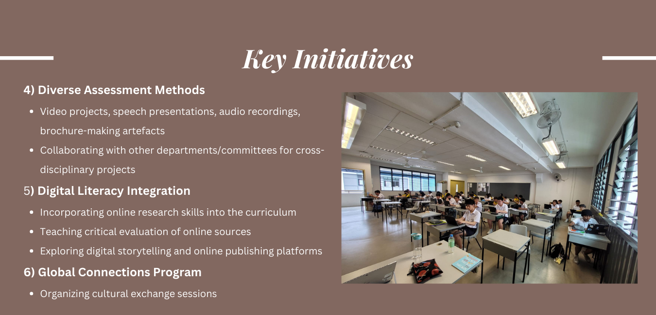 Slide titled Key Initiatives listing assessment methods and digital literacy points, with a photo of students at desks in a classroom.