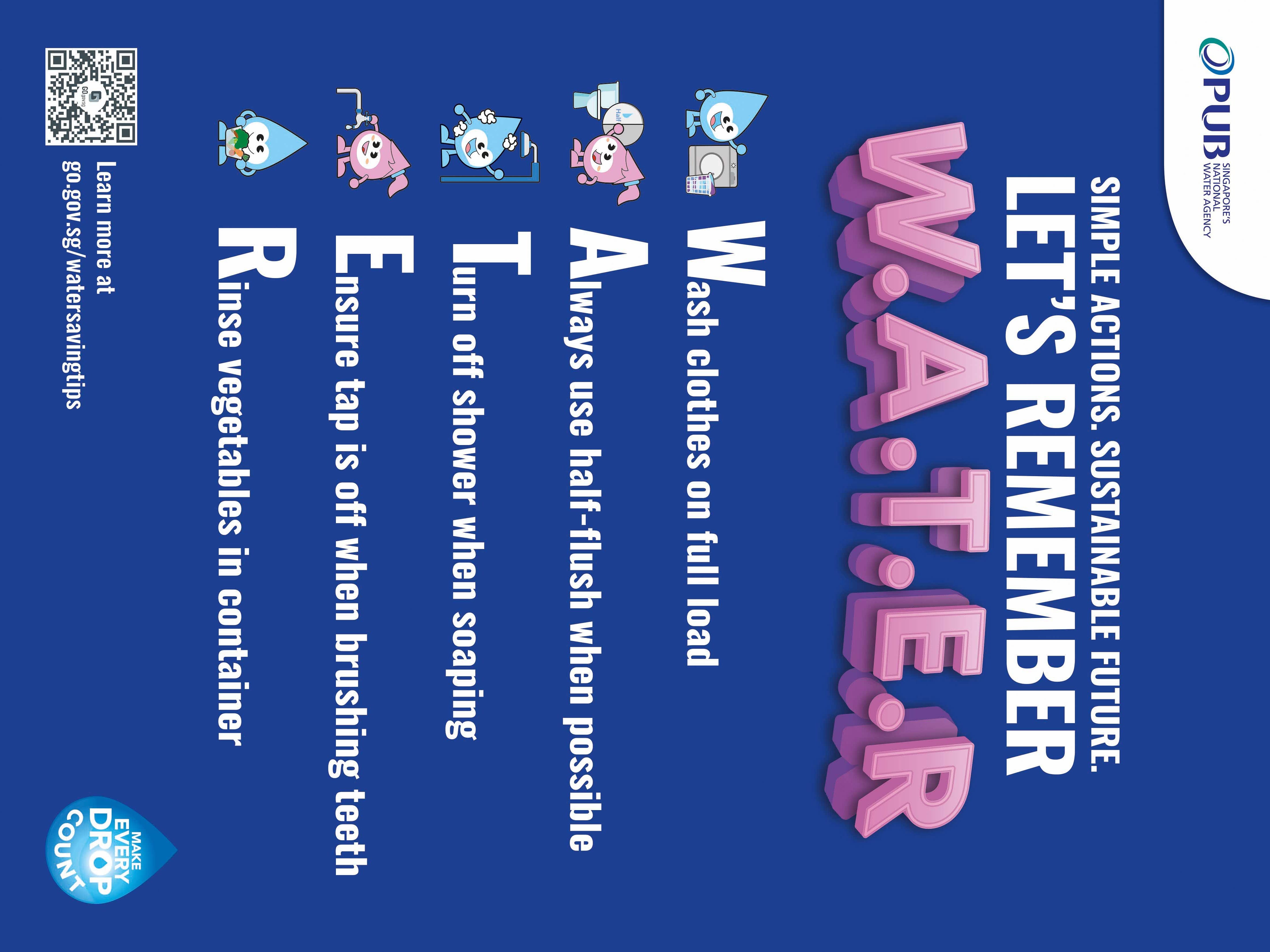 PUB Singapore poster listing five W.A.T.E.R water-saving tips with cartoon water drop characters on blue background.