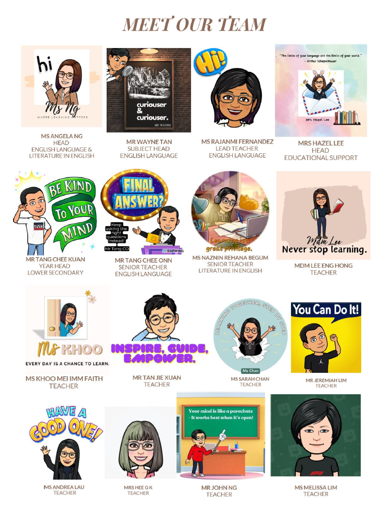 Meet Our Team poster showing cartoon avatars and names of 15 teachers and heads from an English department.